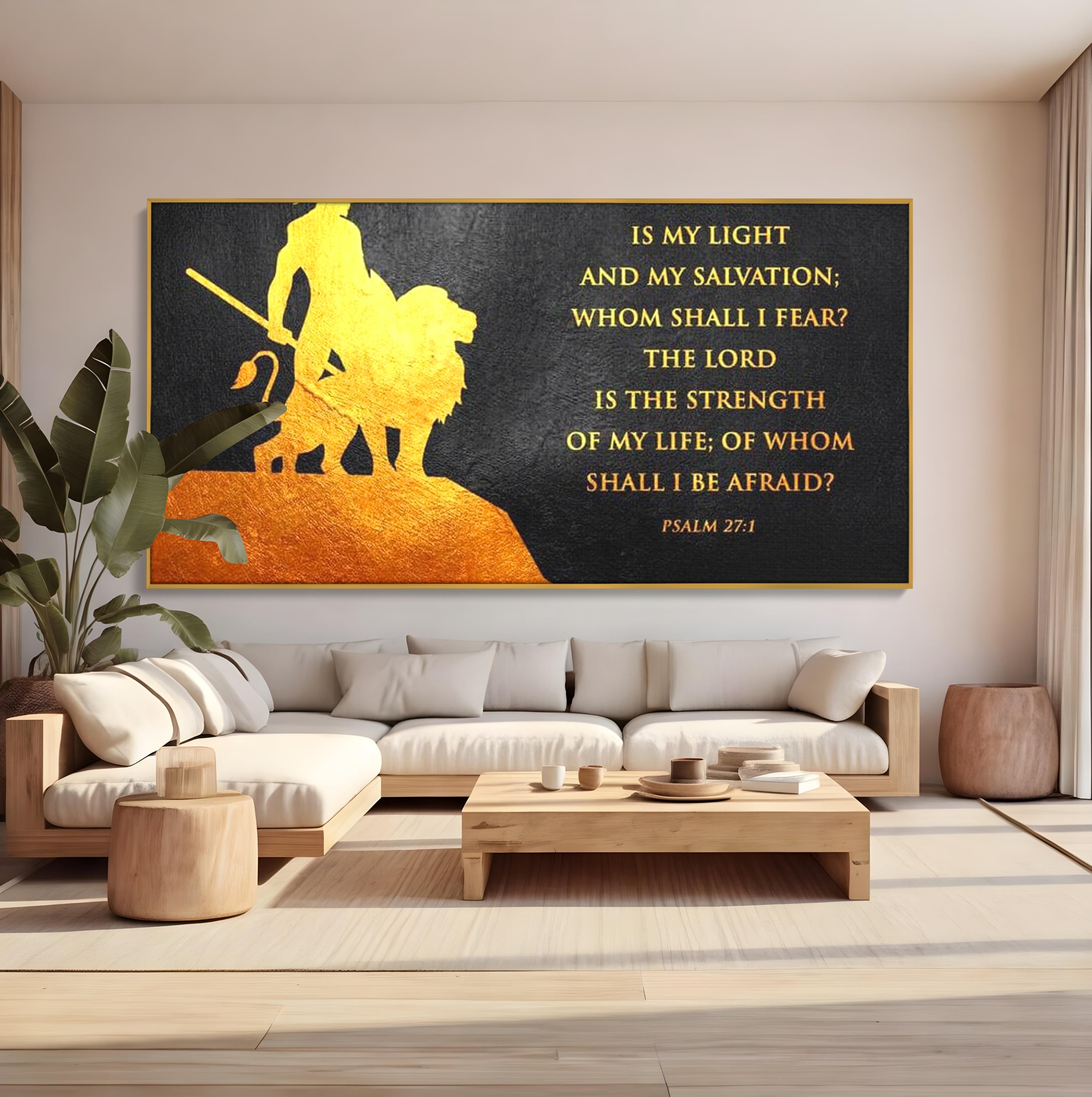 Tablou canvas cu tablou canvas cu razboinic si leu, in rama de aluminiu auriu, pe perete intr-un living