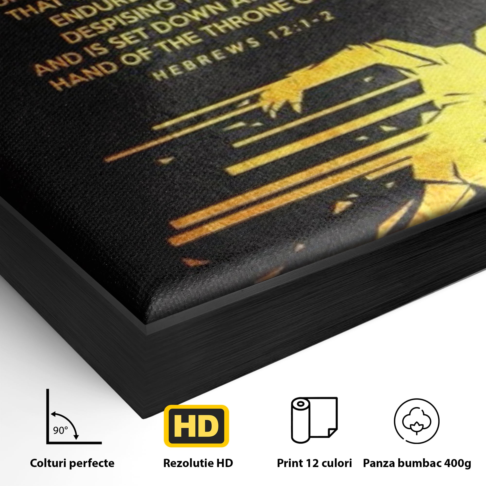 Detaliu al suprafetei: tablou canvas cu alergator si verset biblic, in rama de aluminiu negru