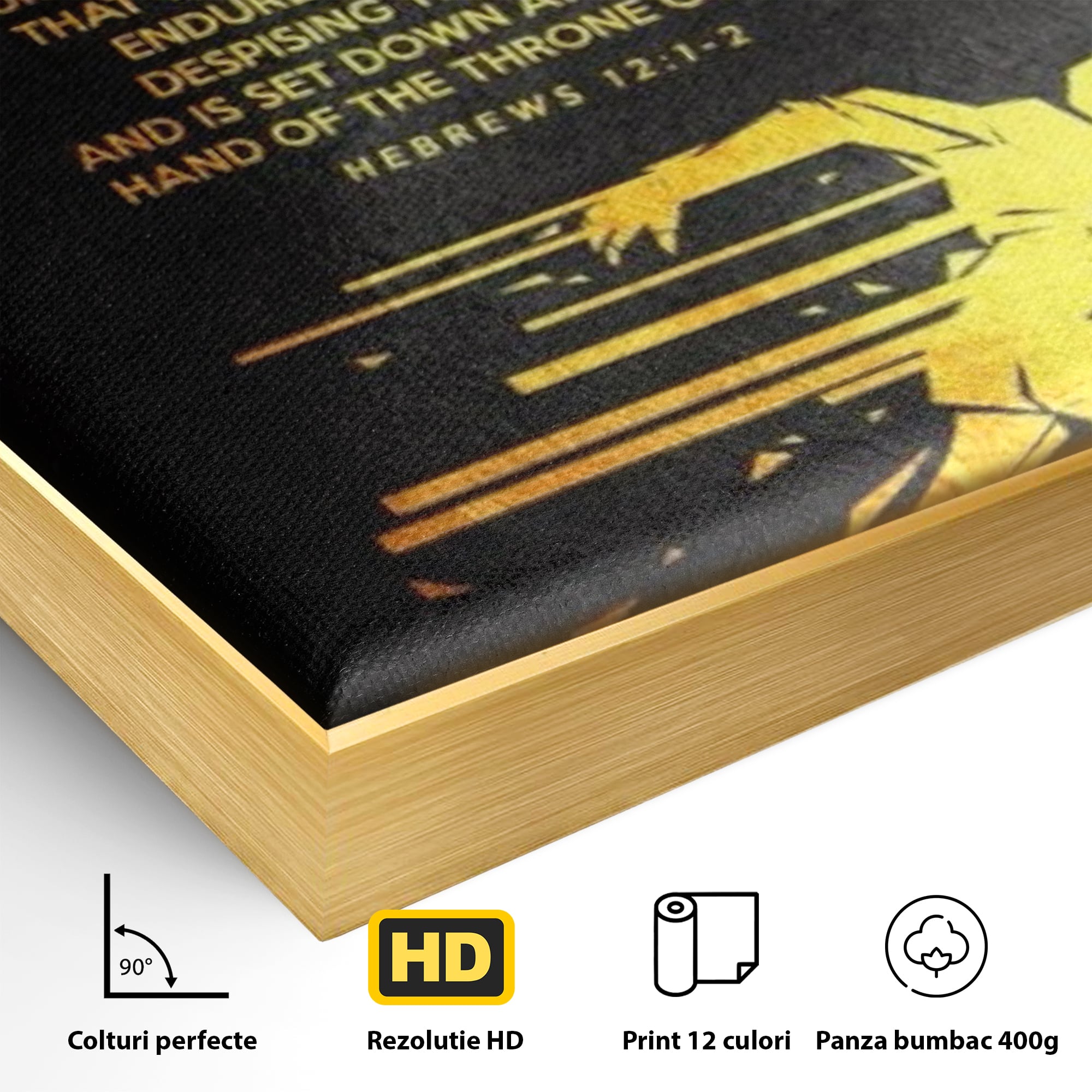 Detaliu al suprafetei: tablou canvas cu alergator si verset biblic, in rama de aluminiu auriu