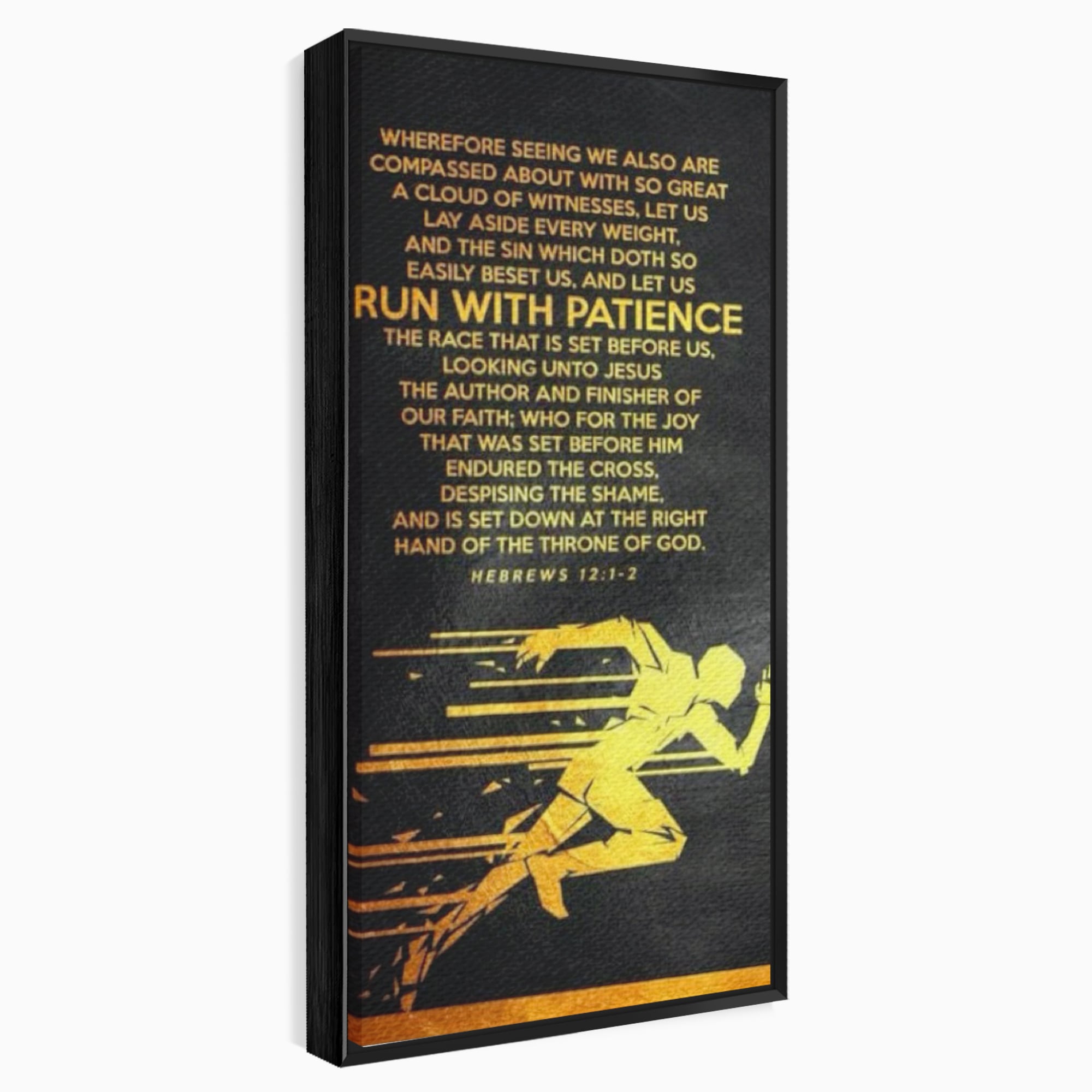Tablou canvas cu tablou canvas cu alergator si verset biblic, in rama de aluminiu negru