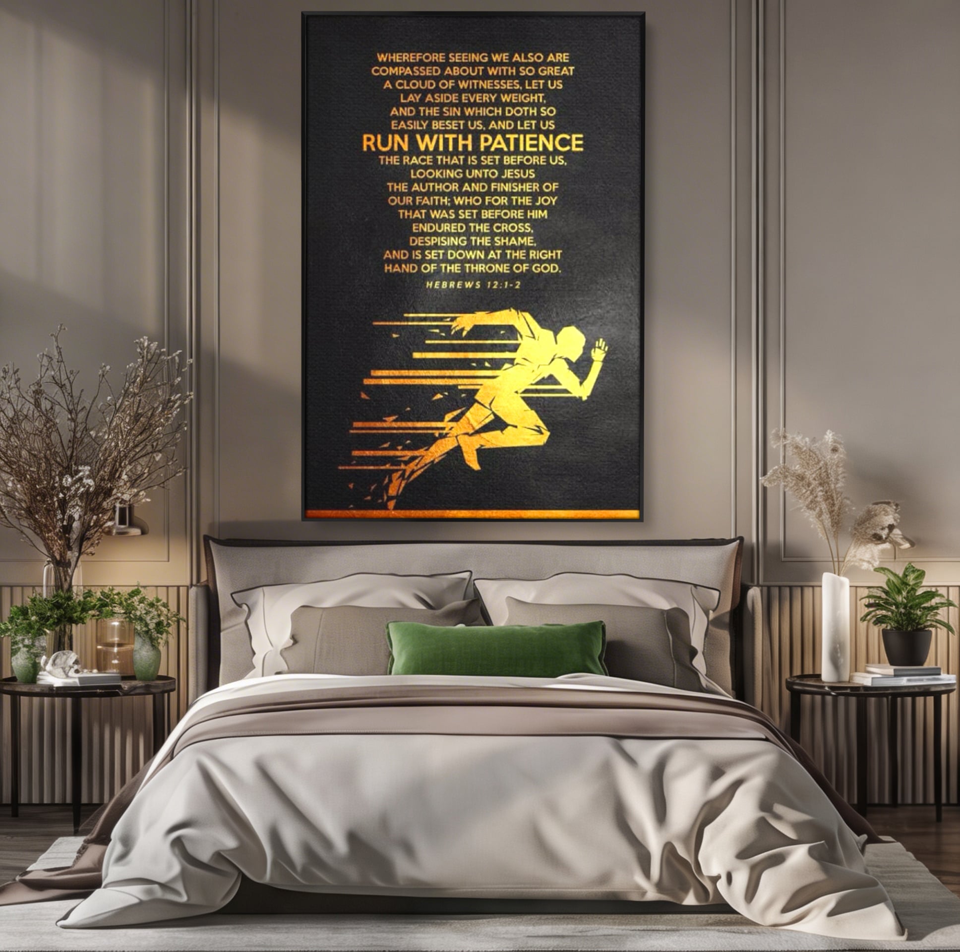 Tablou canvas cu tablou canvas cu alergator si verset biblic, in rama de aluminiu negru, pe perete intr-un dormitor