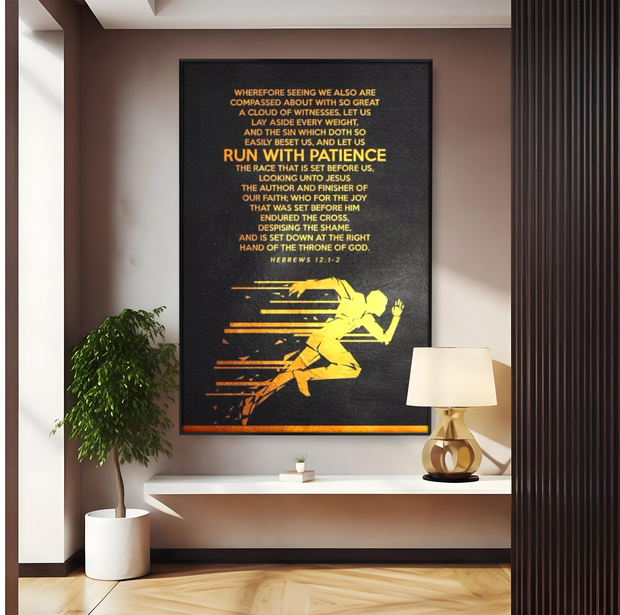 Tablou canvas cu tablou canvas cu alergator si verset biblic, in rama de aluminiu negru