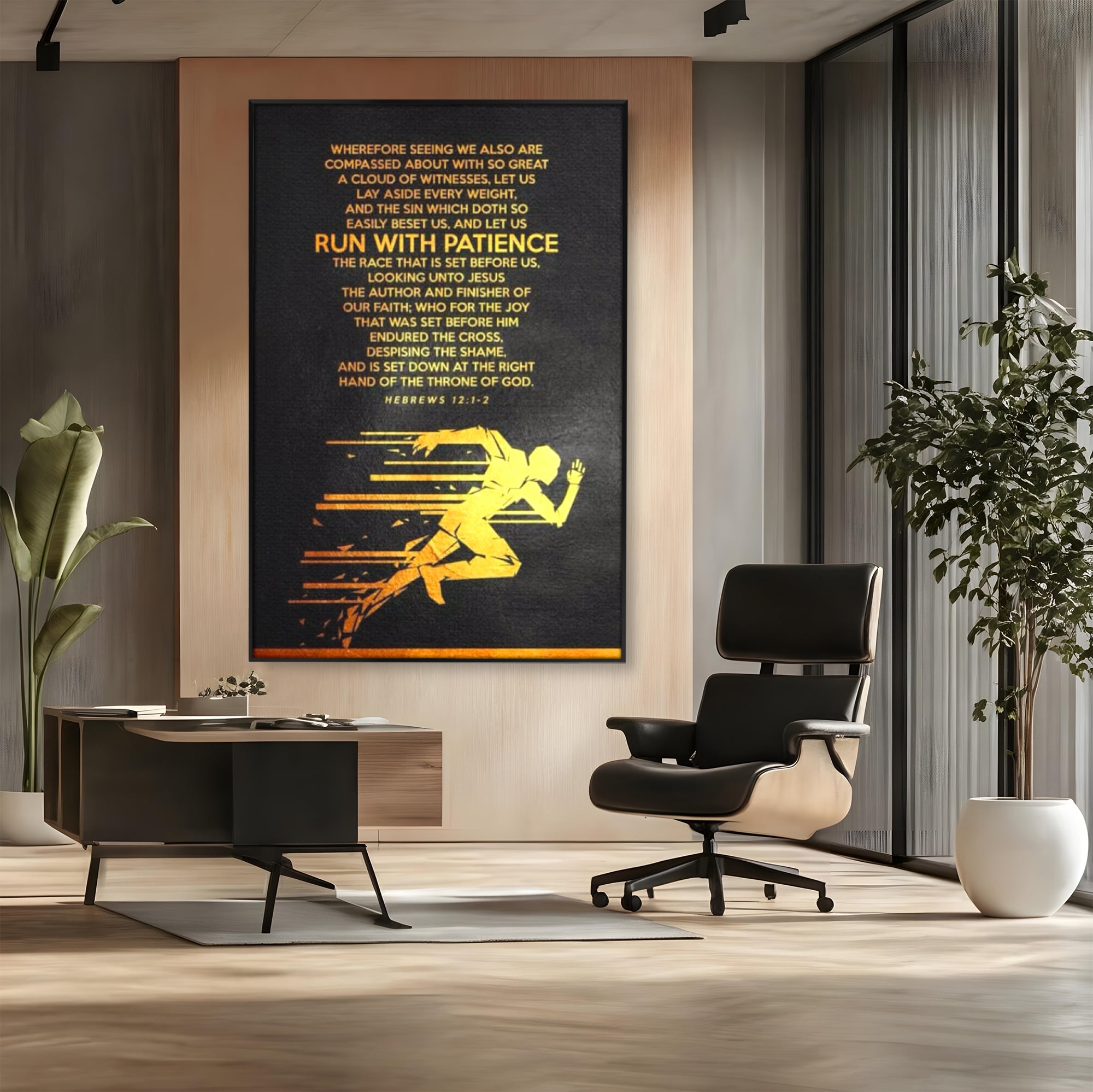 Tablou canvas cu tablou canvas cu alergator si verset biblic, in rama de aluminiu negru, pe perete intr-un birou