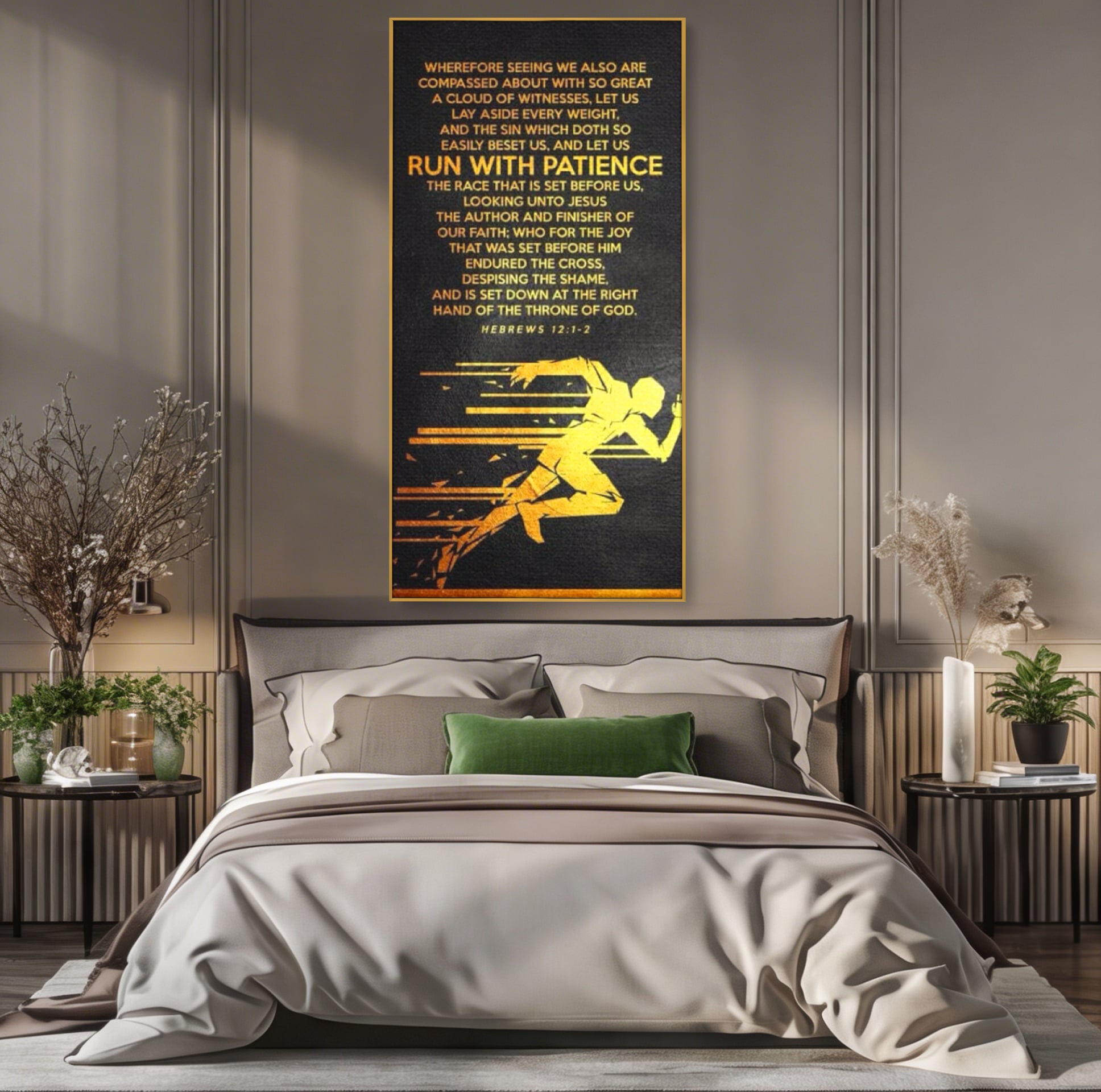Tablou canvas cu tablou canvas cu alergator si verset biblic, in rama de aluminiu auriu, pe perete intr-un dormitor