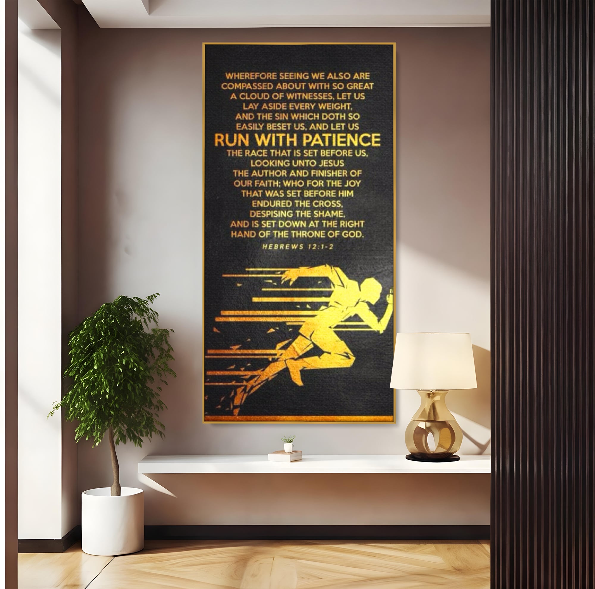 Tablou canvas cu tablou canvas cu alergator si verset biblic, in rama de aluminiu auriu