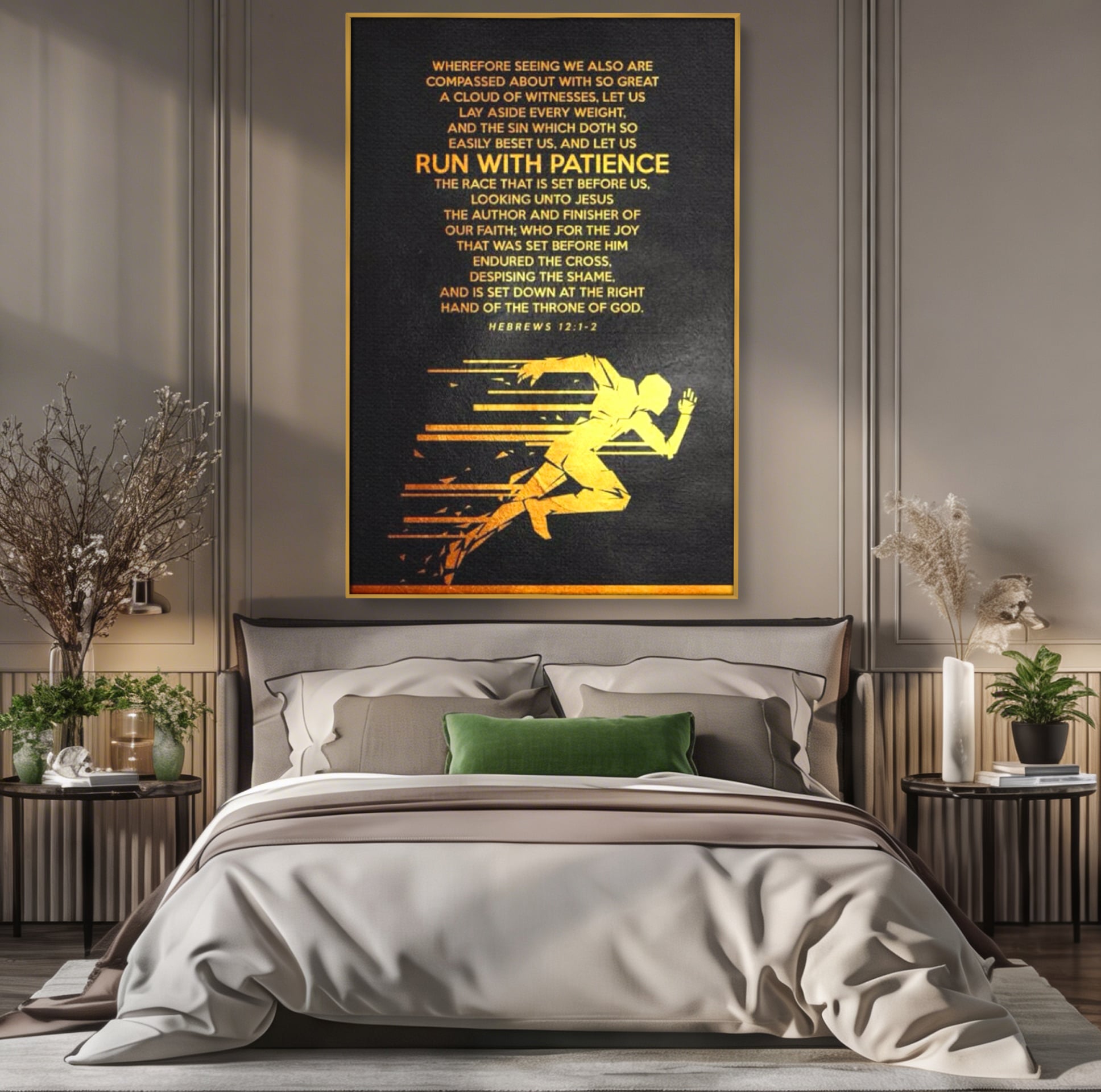 Tablou canvas cu tablou canvas cu alergator si verset biblic, in rama de aluminiu auriu, pe perete intr-un dormitor