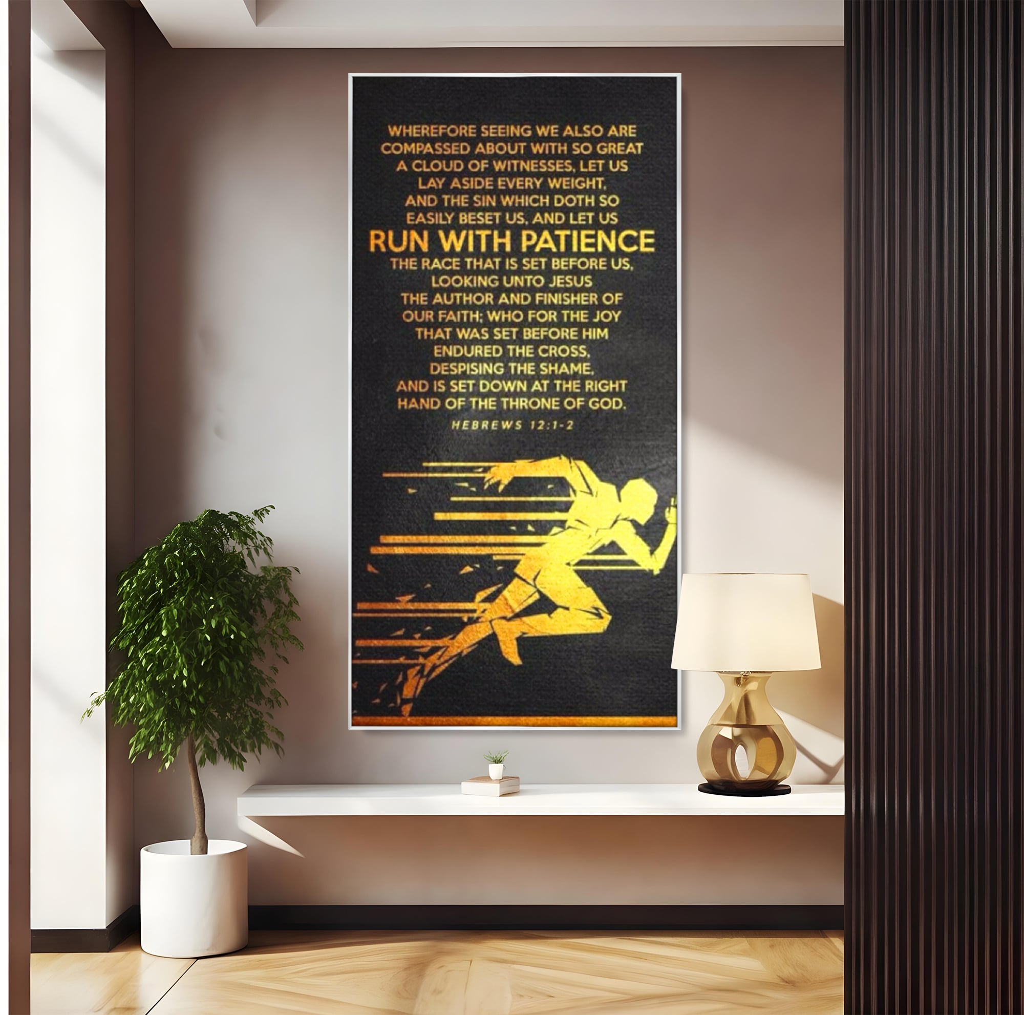 Tablou canvas cu tablou canvas cu alergator si verset biblic, in rama de aluminiu argintiu
