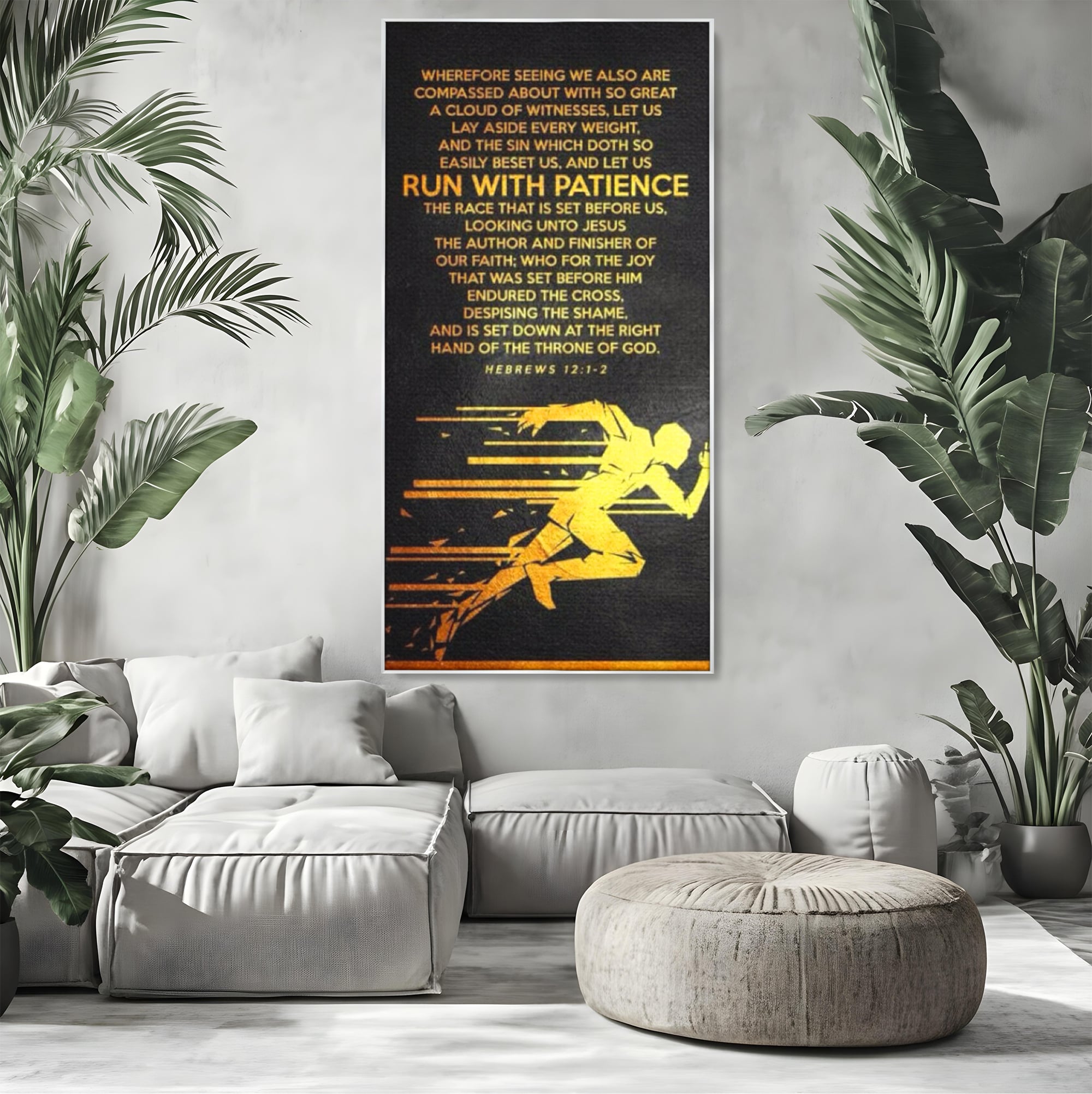 Tablou canvas cu tablou canvas cu alergator si verset biblic, in rama de aluminiu argintiu, pe perete intr-un living