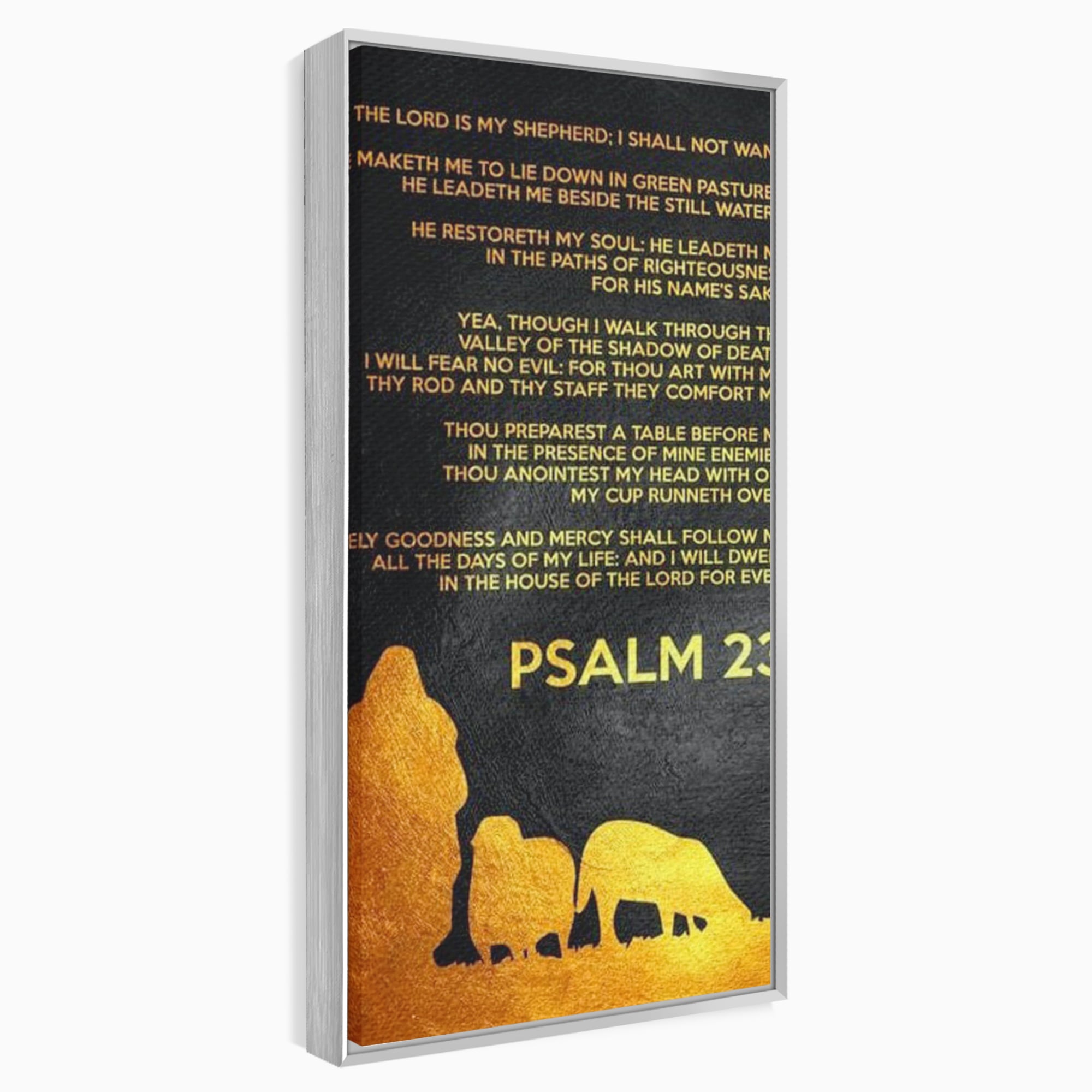 Tablou canvas cu tablou canvas cu psalm si silueta aurie, in rama de aluminiu argintiu