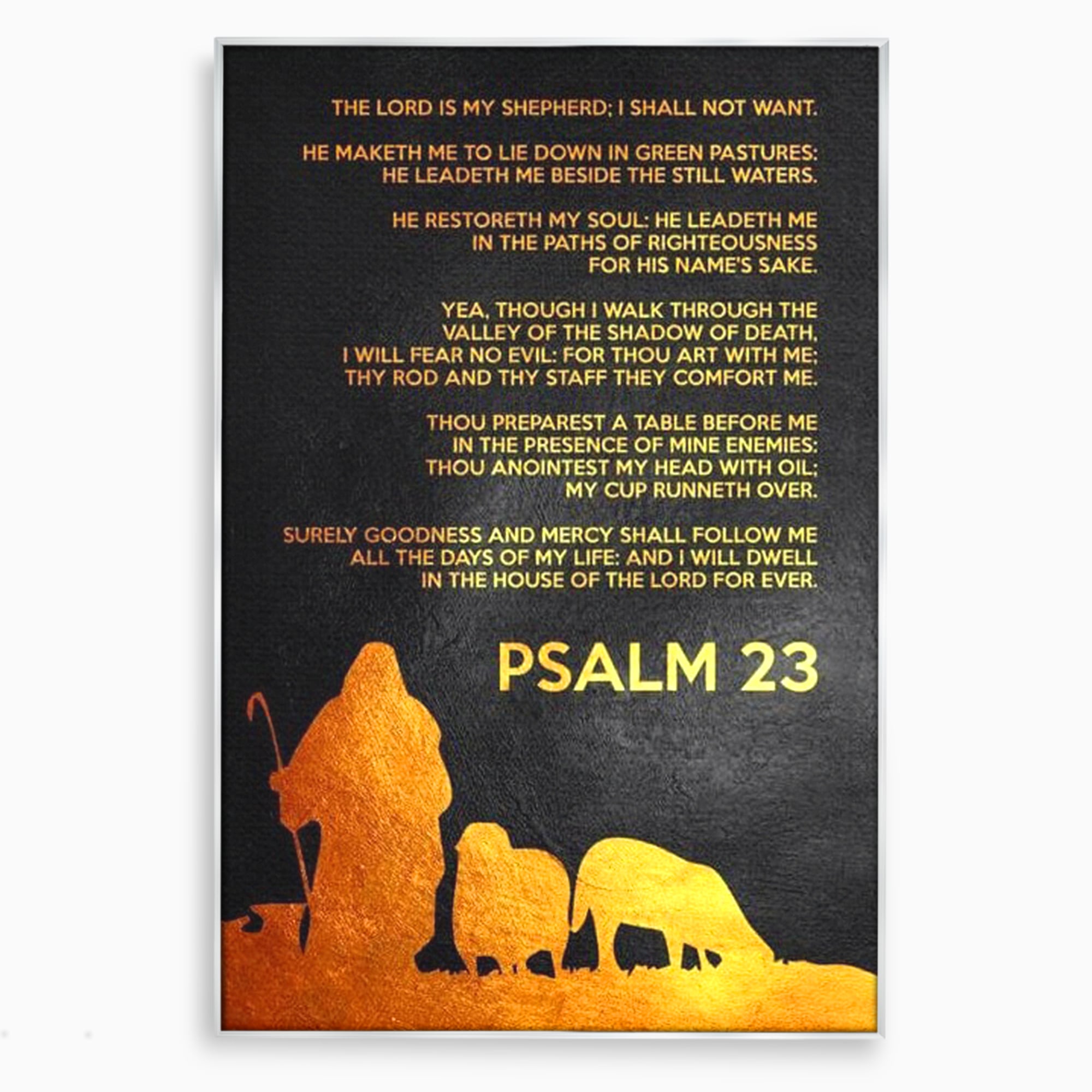 Tablou canvas cu tablou canvas cu psalm si silueta aurie, in rama de aluminiu argintiu