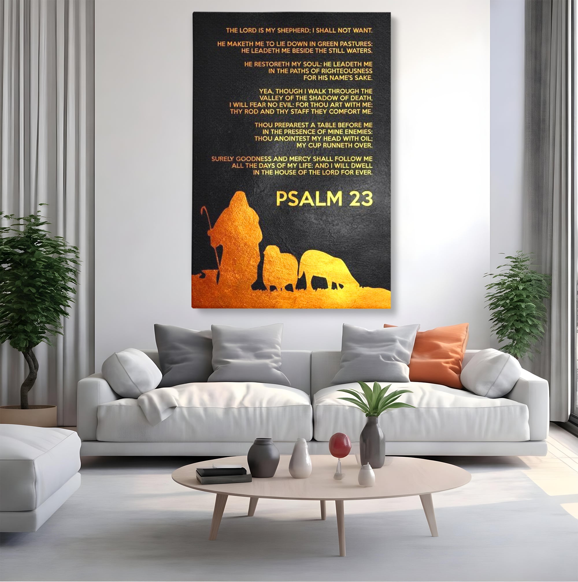 Tablou canvas cu tablou canvas cu psalm si silueta aurie, fara rama, pe sasiu de lemn, pe perete intr-un living