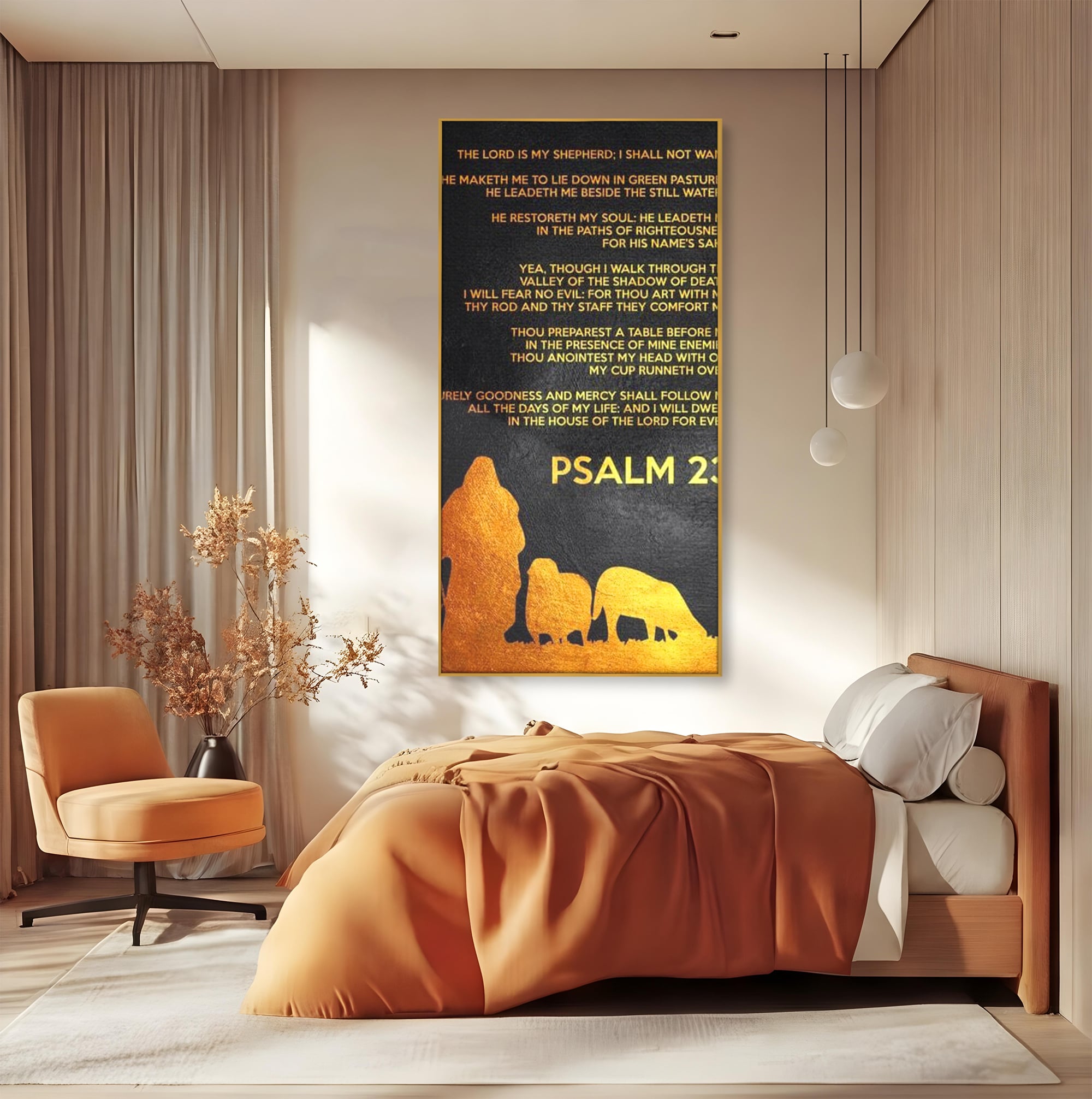 Tablou canvas cu tablou canvas cu psalm si silueta aurie, in rama de aluminiu auriu, pe perete intr-un dormitor