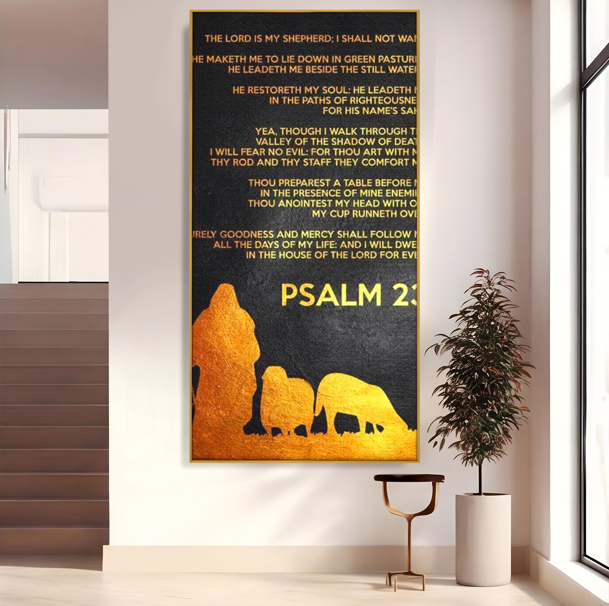 Tablou canvas cu tablou canvas cu psalm si silueta aurie, in rama de aluminiu auriu