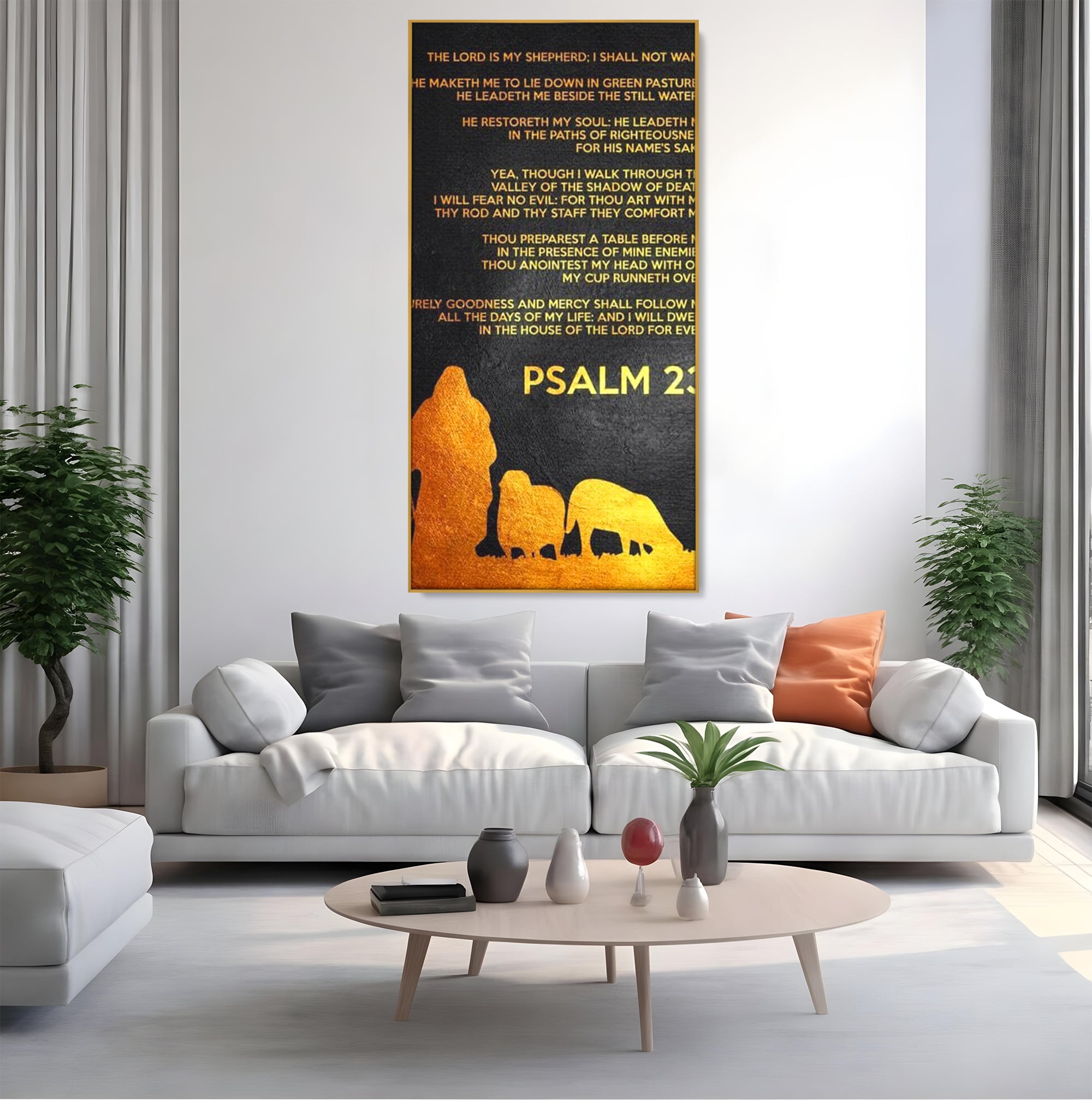 Tablou canvas cu tablou canvas cu psalm si silueta aurie, in rama de aluminiu auriu, pe perete intr-un living