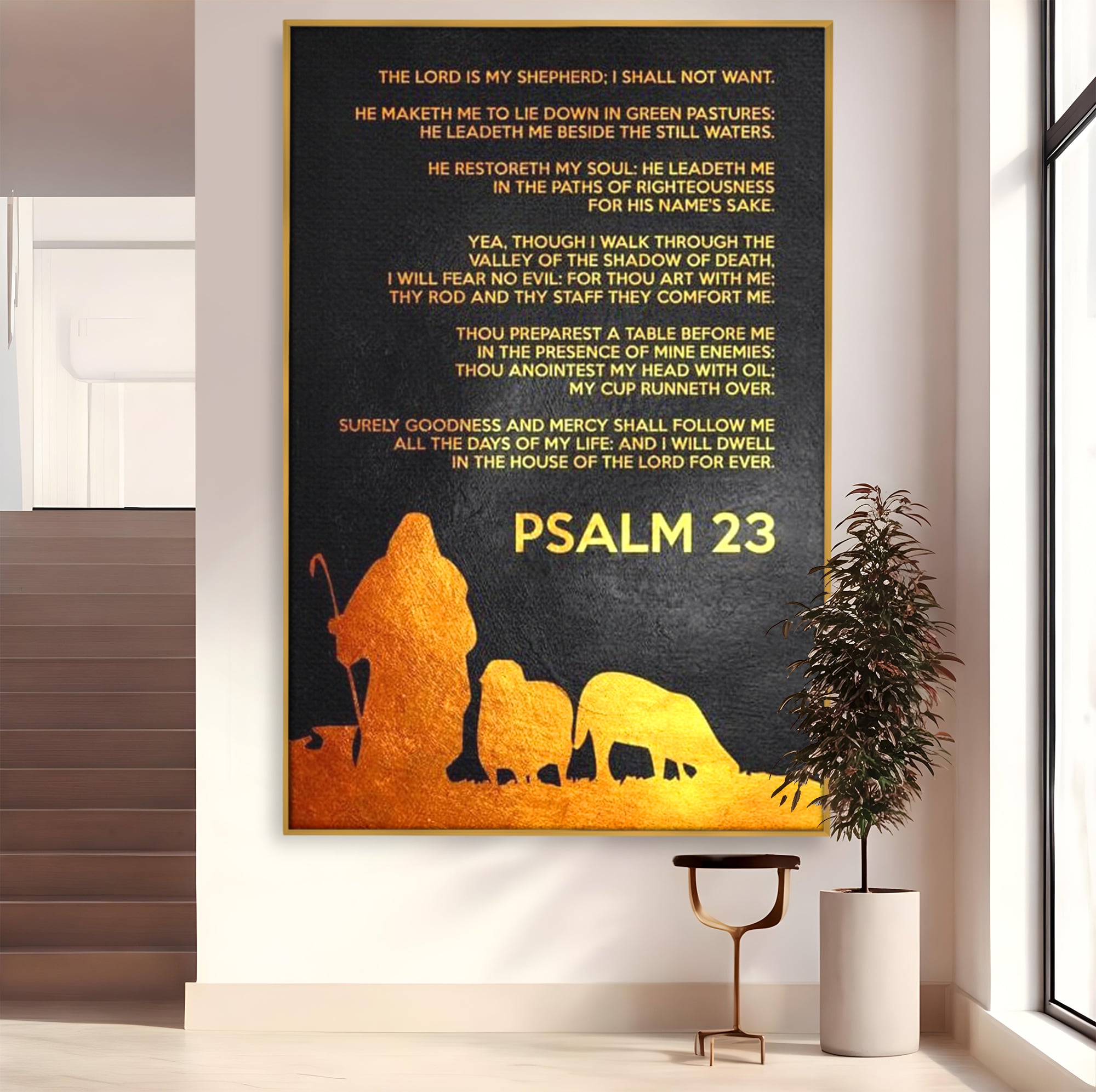 Tablou canvas cu tablou canvas cu psalm si silueta aurie, in rama de aluminiu auriu