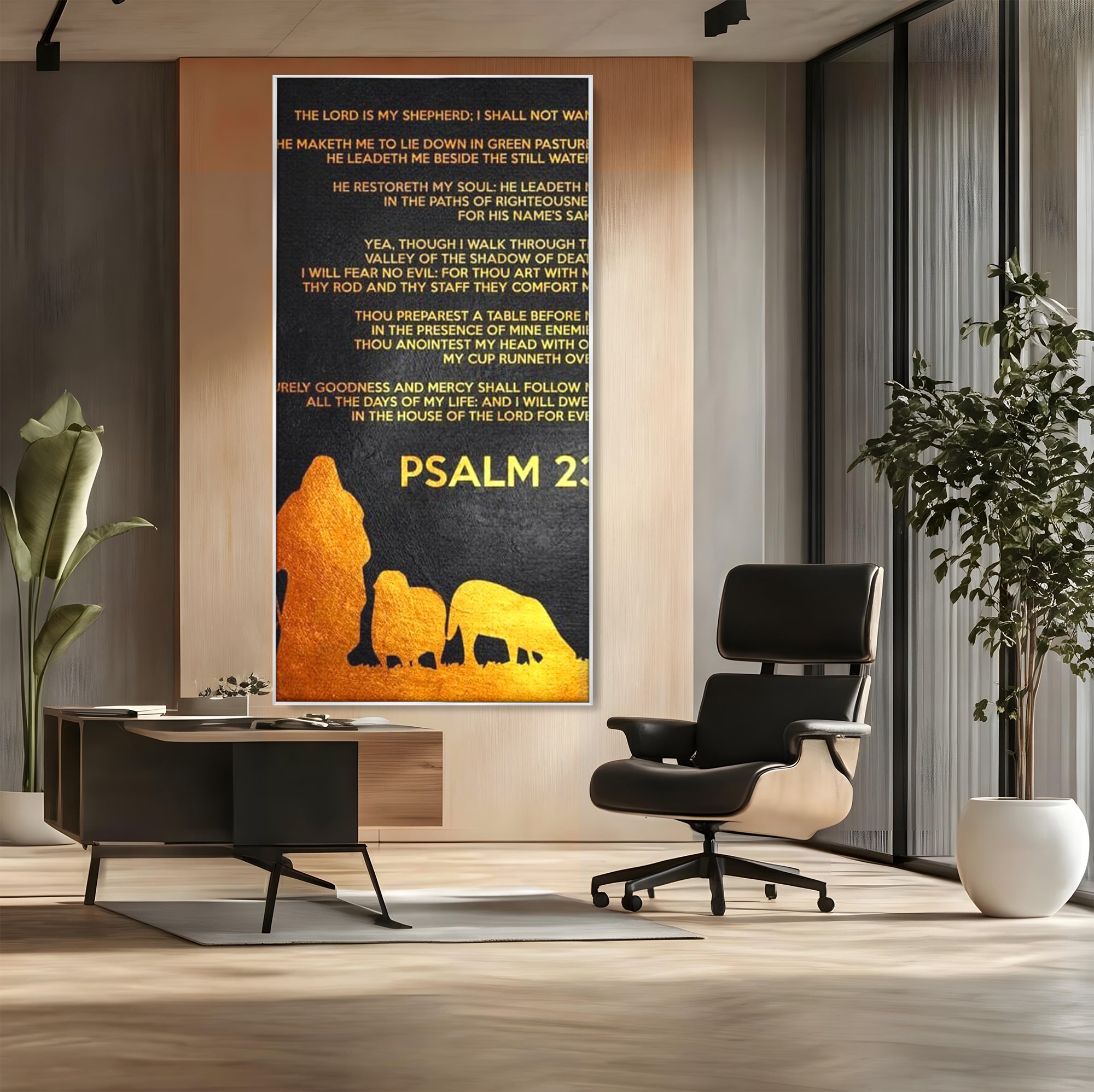 Tablou canvas cu tablou canvas cu psalm si silueta aurie, in rama de aluminiu argintiu, pe perete intr-un birou