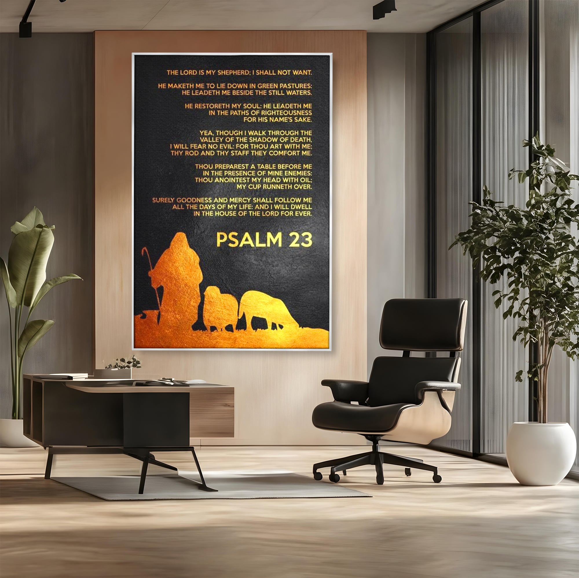 Tablou canvas cu tablou canvas cu psalm si silueta aurie, in rama de aluminiu argintiu, pe perete intr-un birou