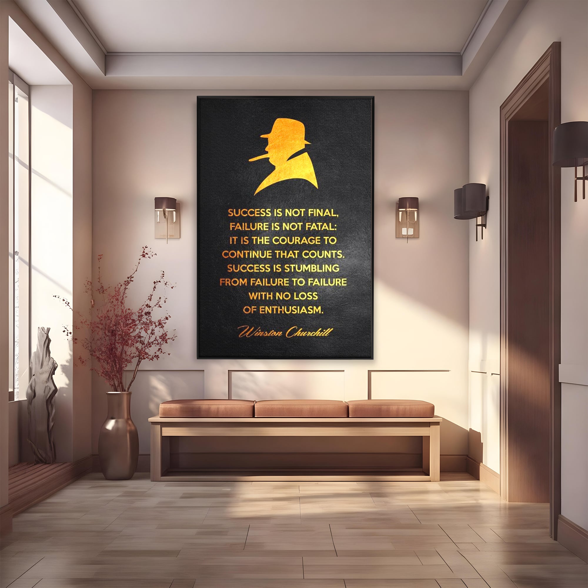 Tablou canvas cu tablou canvas cu winston churchill si citat, in rama de aluminiu negru