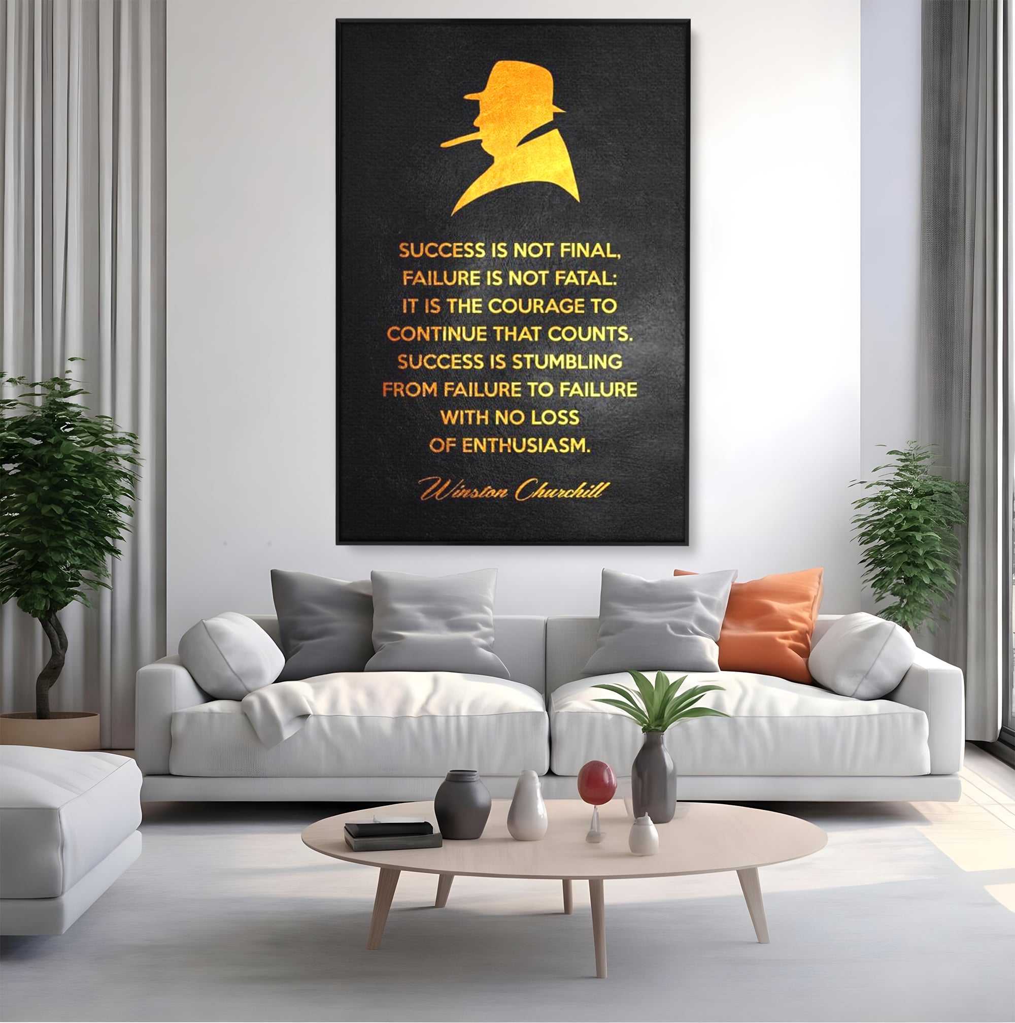 Tablou canvas cu tablou canvas cu winston churchill si citat, in rama de aluminiu negru, pe perete intr-un living