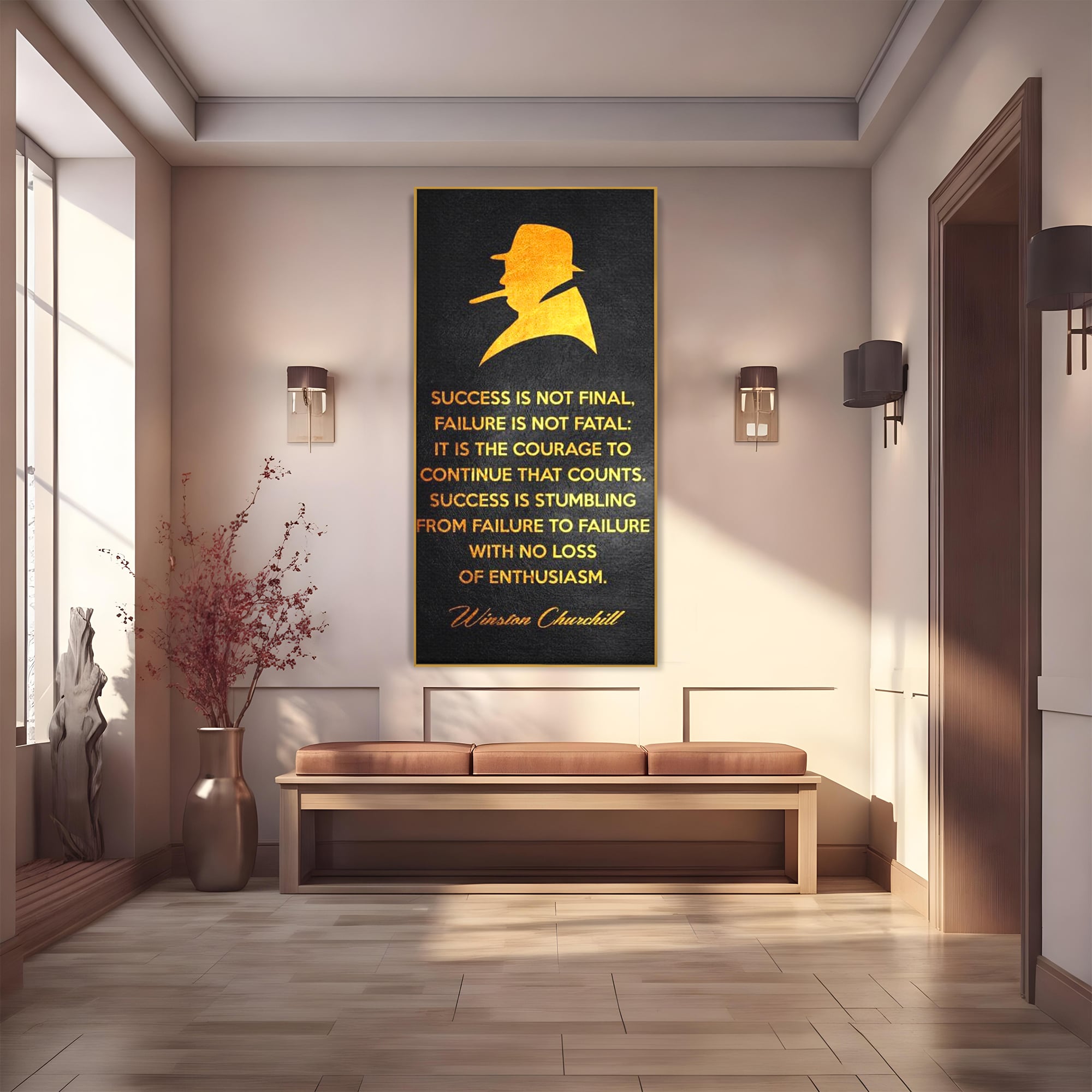 Tablou canvas cu tablou canvas cu winston churchill si citat, in rama de aluminiu auriu