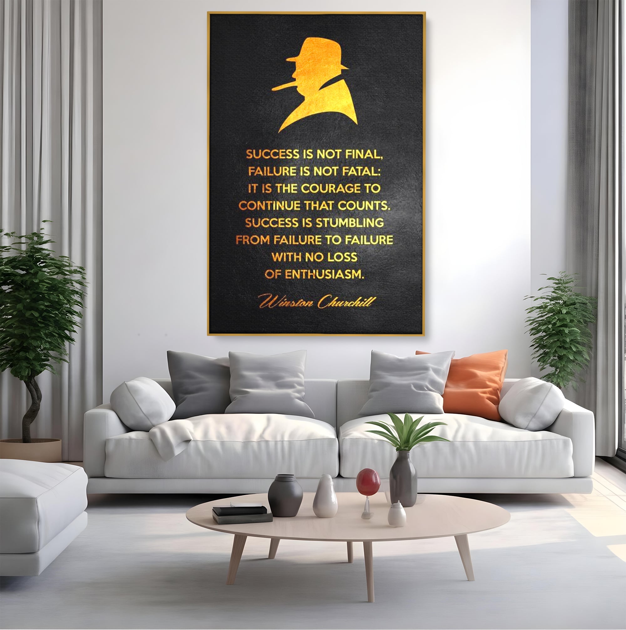 Tablou canvas cu tablou canvas cu winston churchill si citat, in rama de aluminiu auriu, pe perete intr-un living
