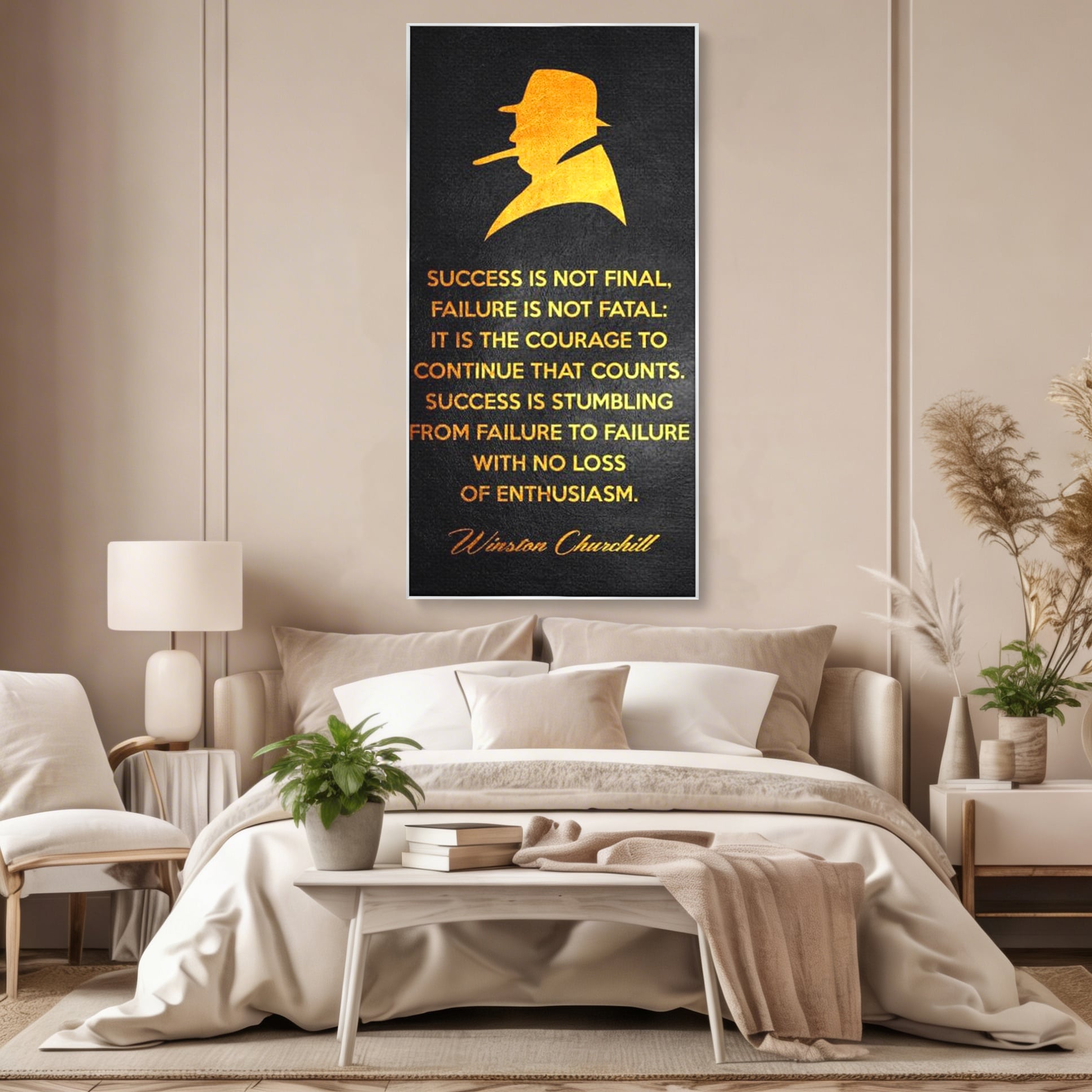 Tablou canvas cu tablou canvas cu winston churchill si citat, in rama de aluminiu argintiu, pe perete intr-un dormitor