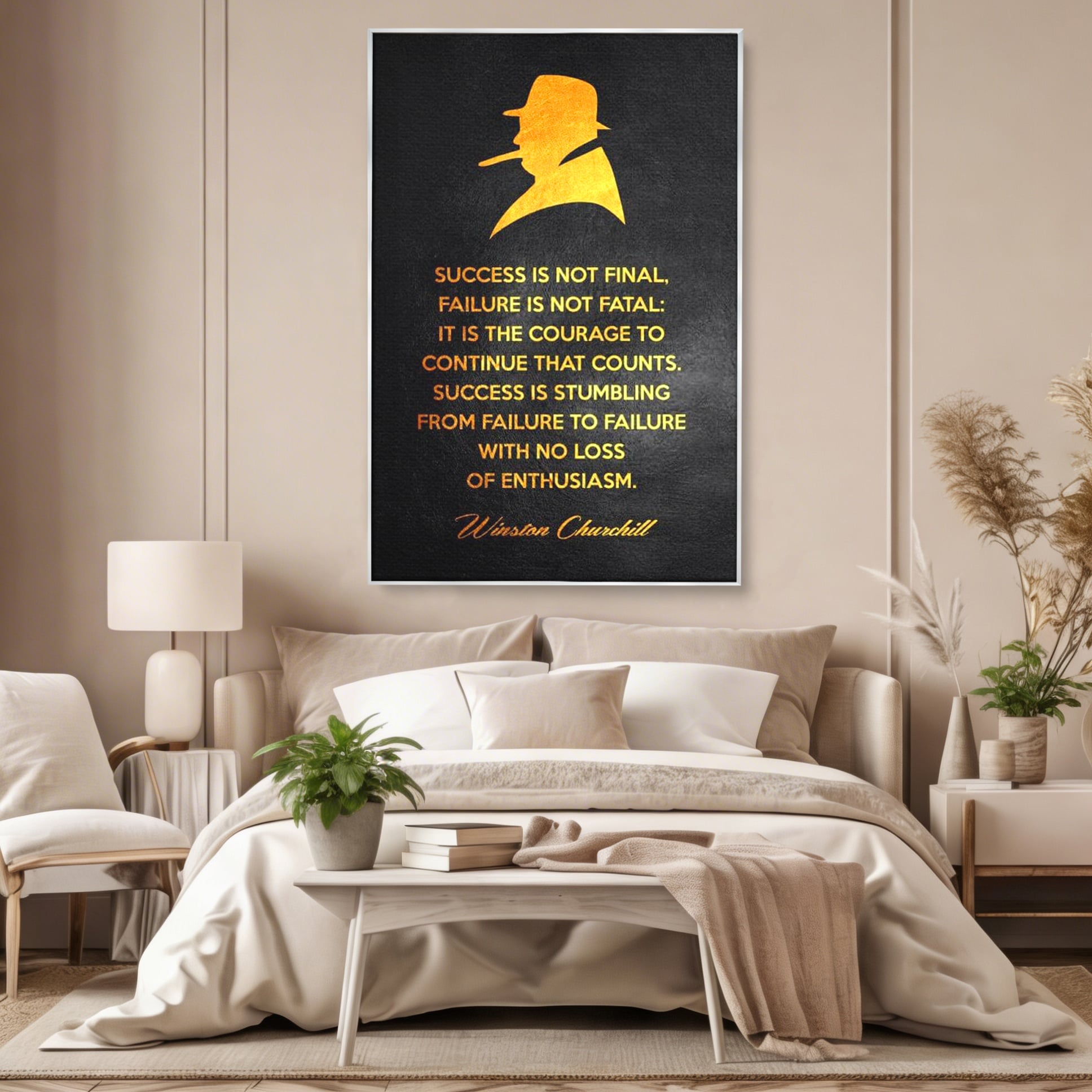 Tablou canvas cu tablou canvas cu winston churchill si citat, in rama de aluminiu argintiu, pe perete intr-un dormitor