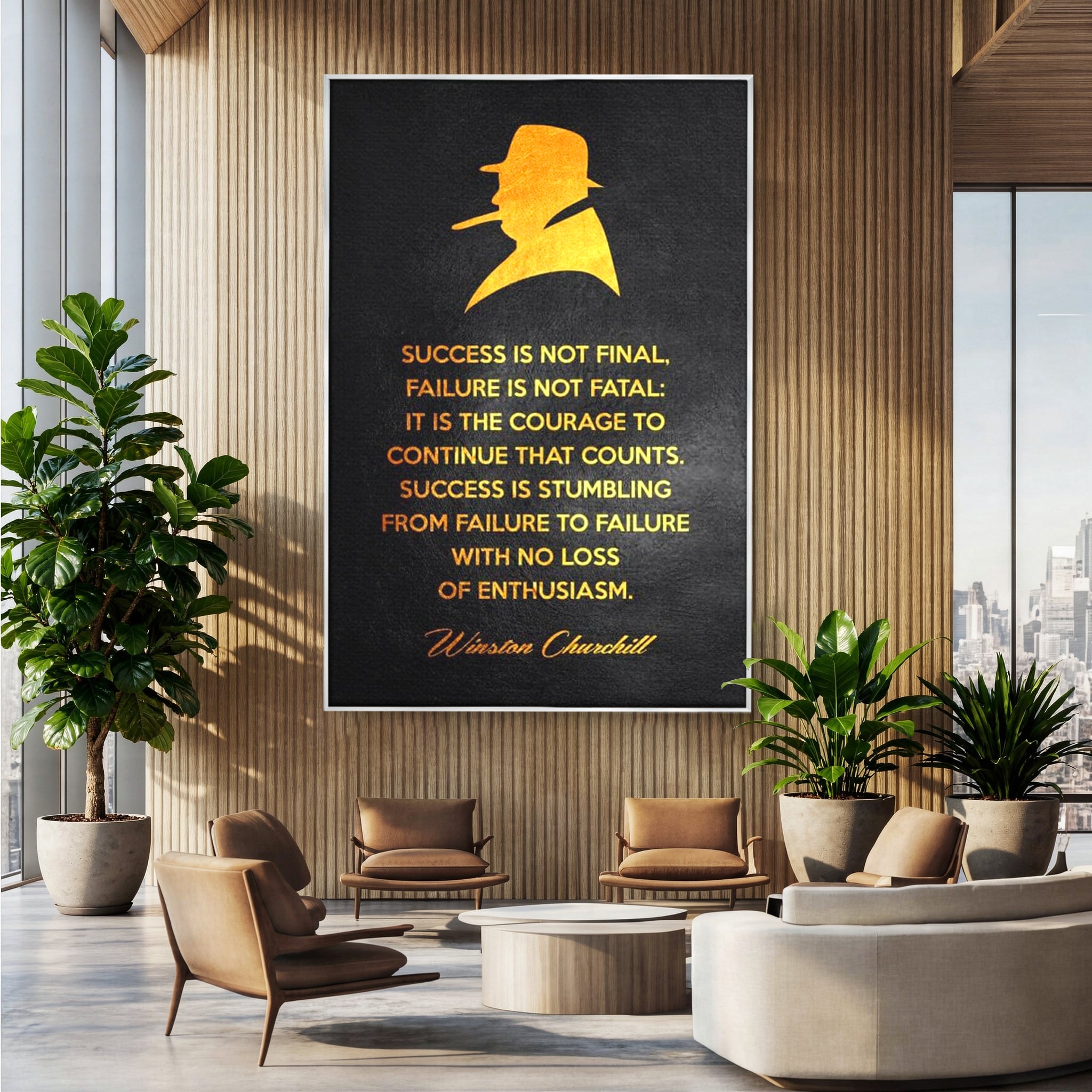 Tablou canvas cu tablou canvas cu winston churchill si citat, in rama de aluminiu argintiu, pe perete intr-un birou
