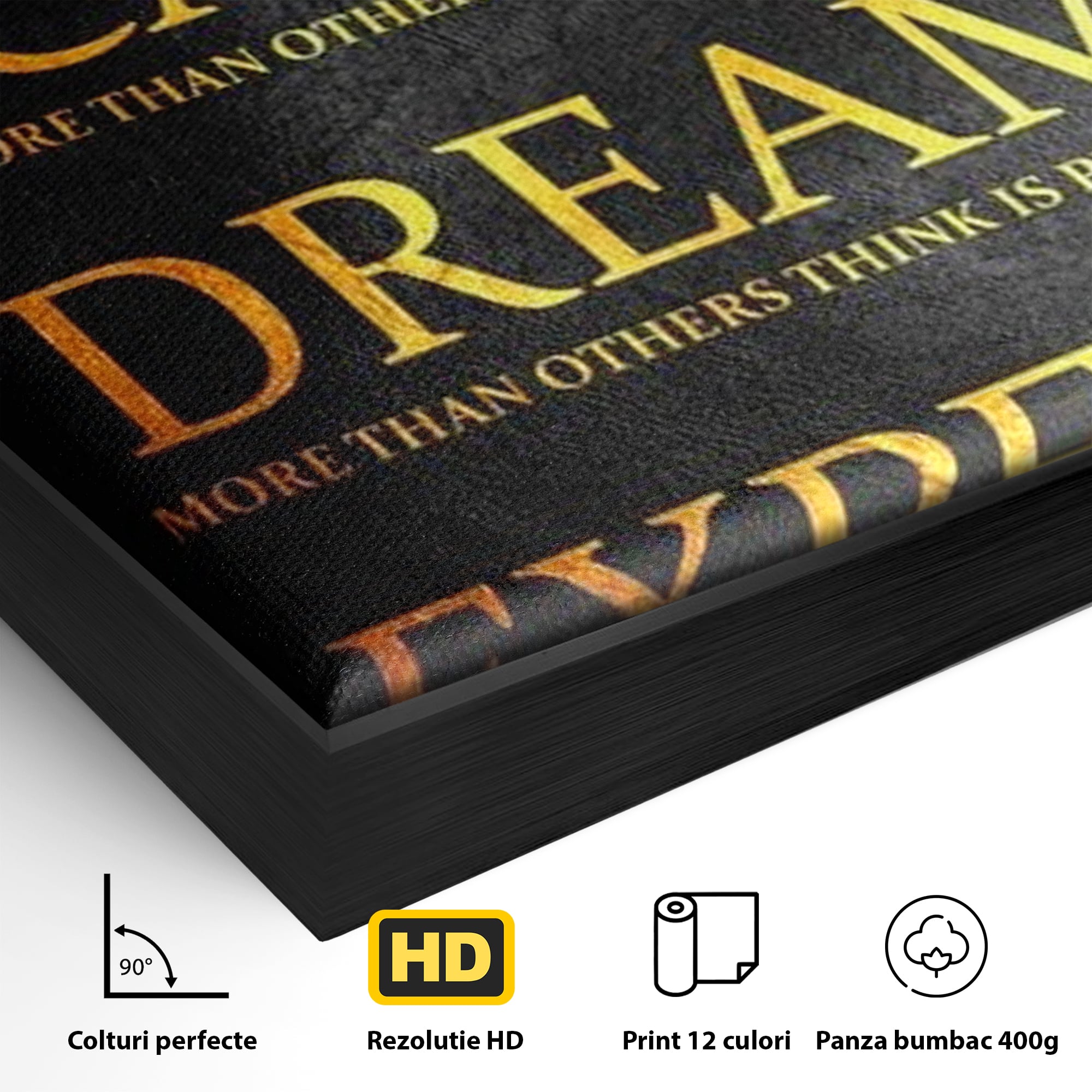 Detaliu al suprafetei: tablou canvas cu citat motivational, in rama de aluminiu negru