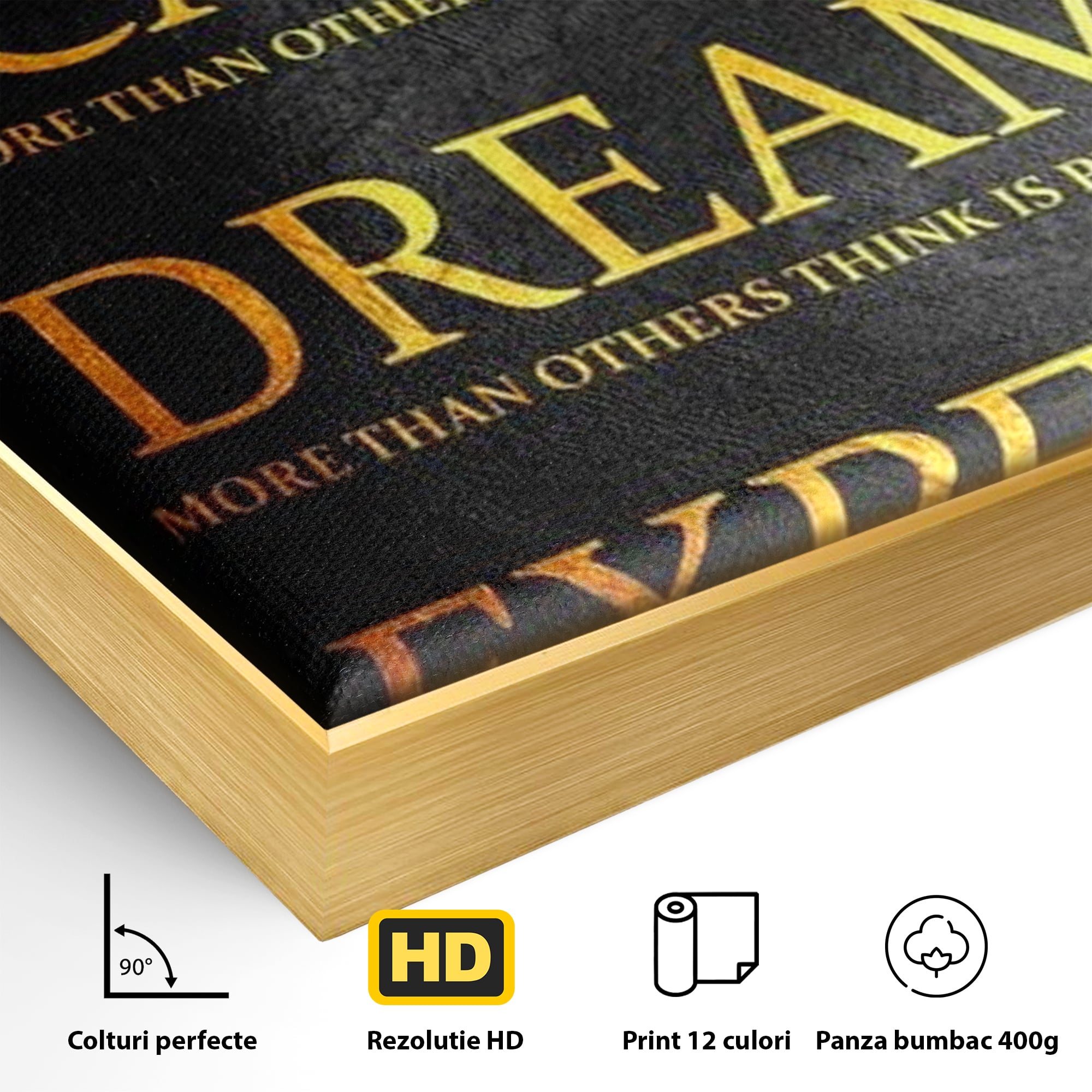 Detaliu al suprafetei: tablou canvas cu citat motivational, in rama de aluminiu auriu