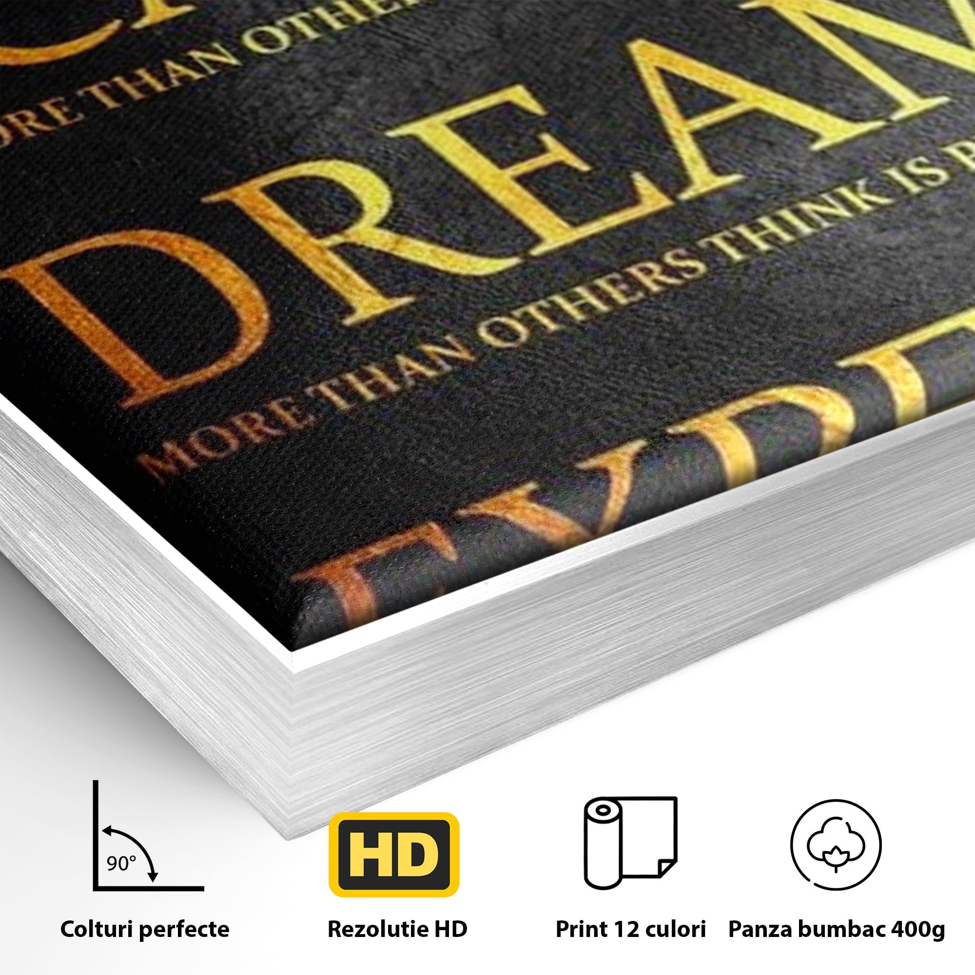 Detaliu al suprafetei: tablou canvas cu citat motivational, in rama de aluminiu argintiu