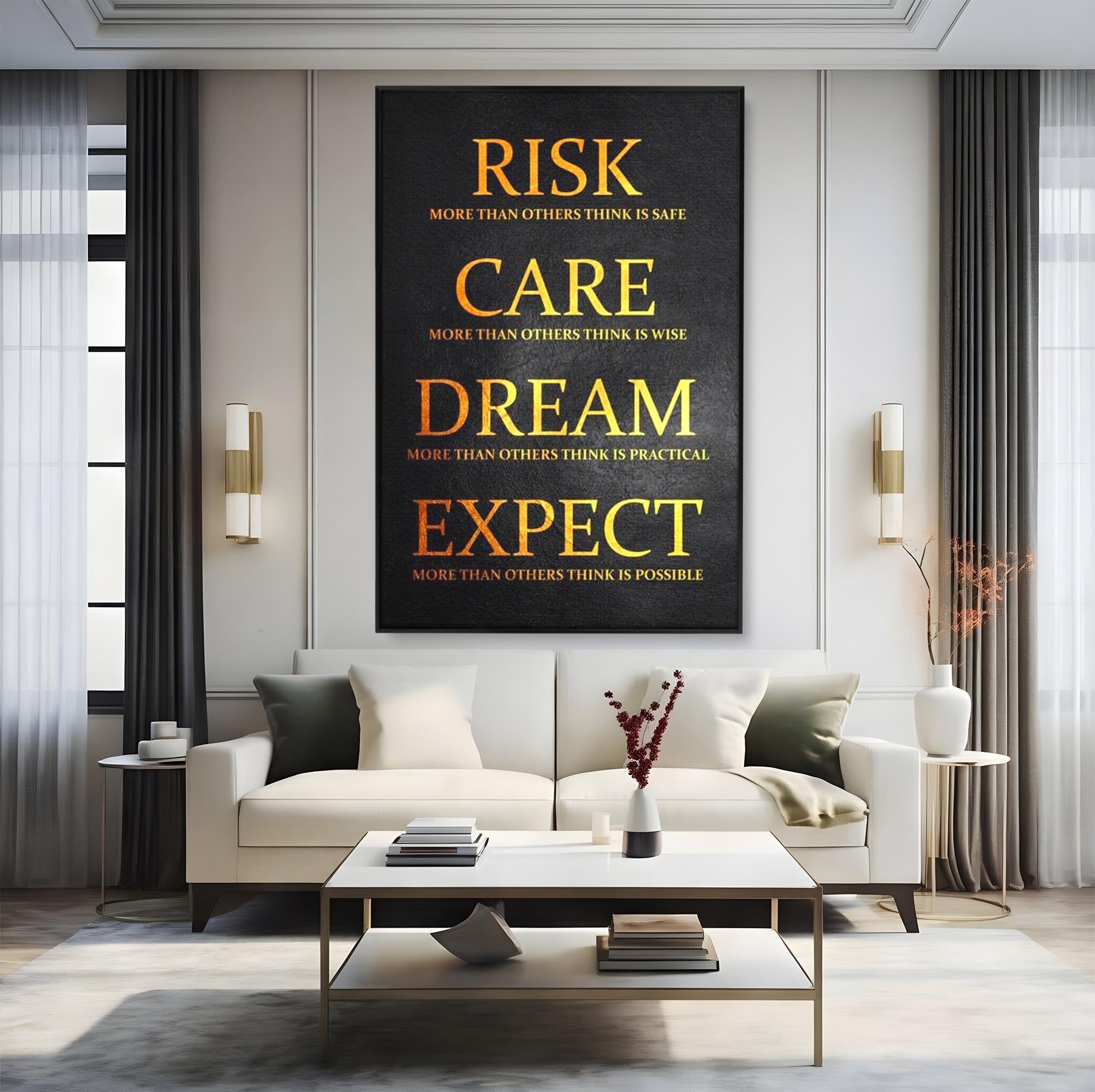 Tablou canvas cu tablou canvas cu citat motivational, in rama de aluminiu negru, pe perete intr-un living