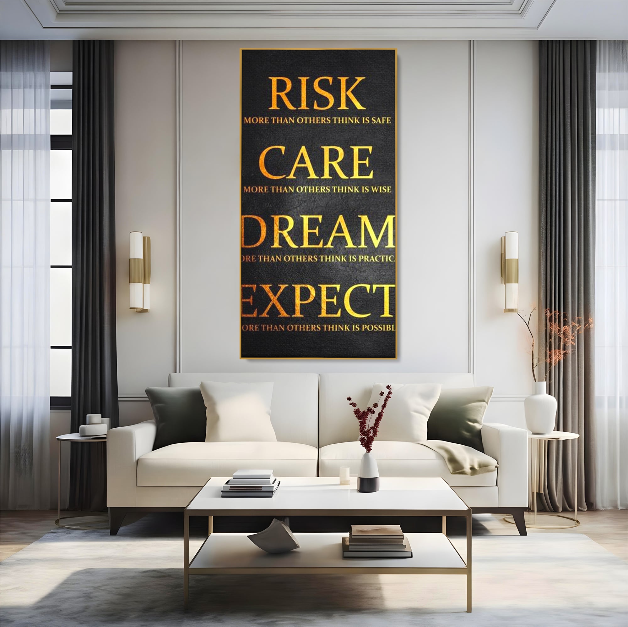 Tablou canvas cu tablou canvas cu citat motivational, in rama de aluminiu auriu, pe perete intr-un living