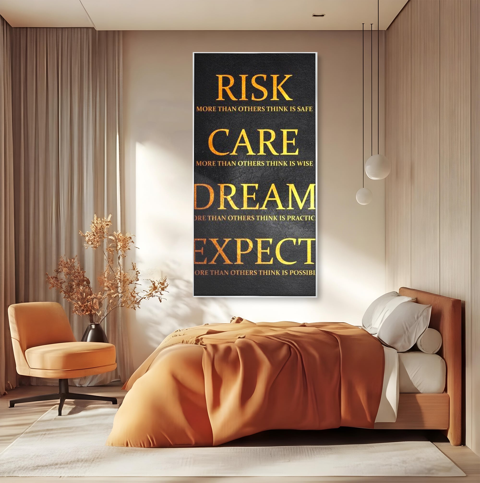 Tablou canvas cu tablou canvas cu citat motivational, in rama de aluminiu argintiu, pe perete intr-un dormitor