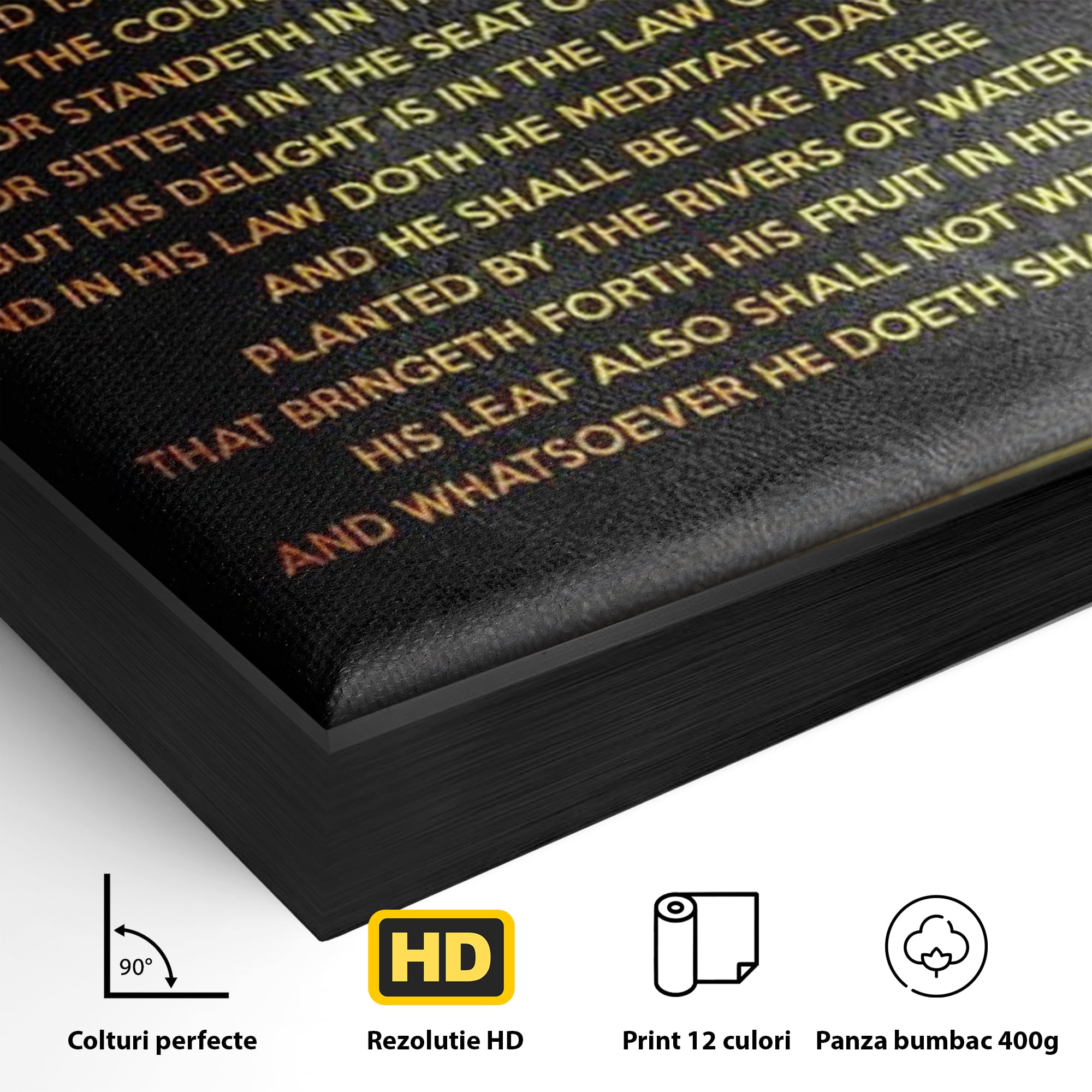 Detaliu al suprafetei: tablou canvas cu citat biblic si copac, in rama de aluminiu negru