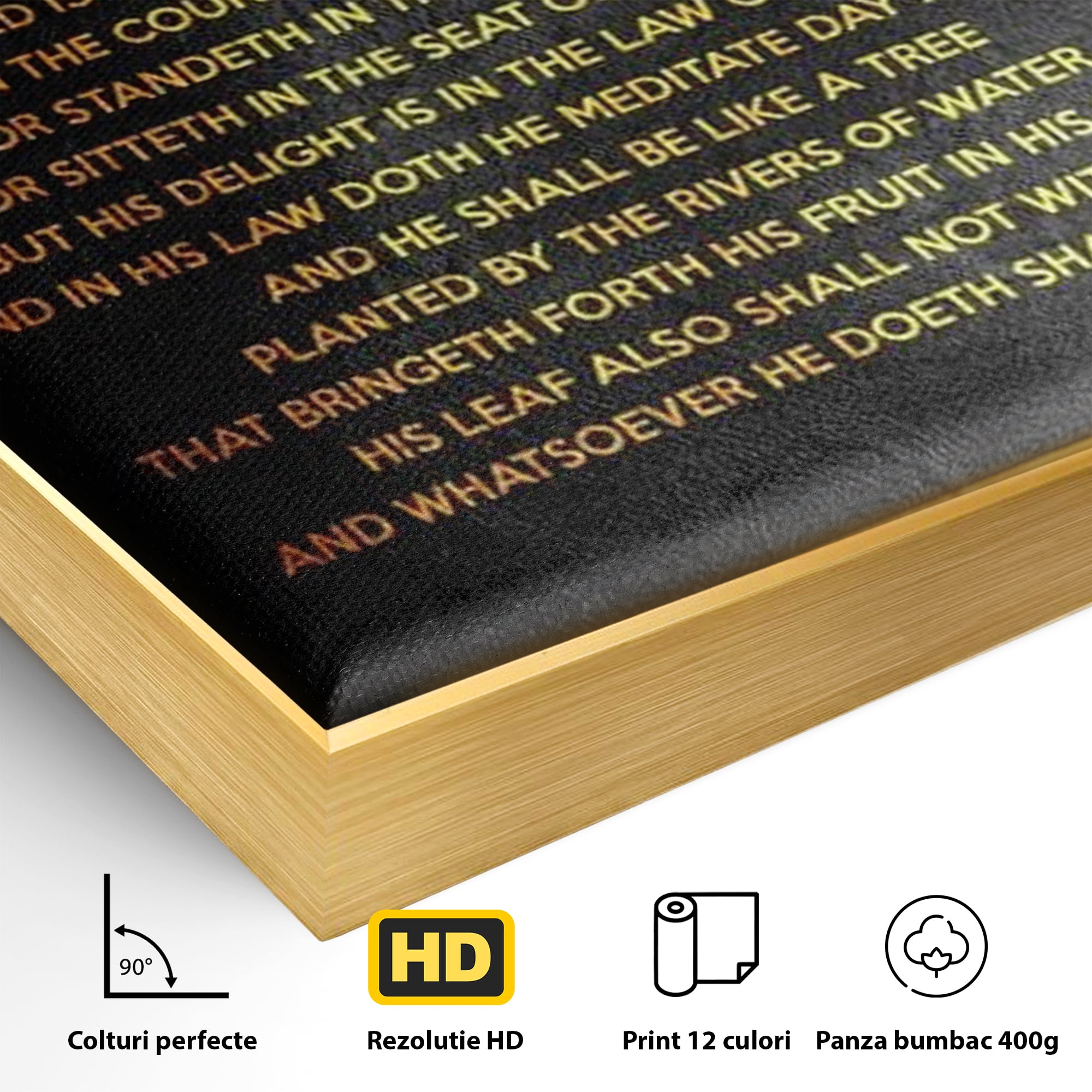 Detaliu al suprafetei: tablou canvas cu citat biblic si copac, in rama de aluminiu auriu