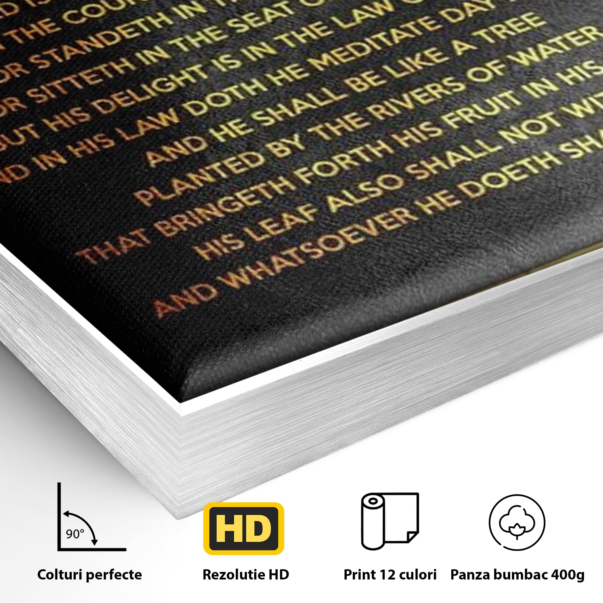 Detaliu al suprafetei: tablou canvas cu citat biblic si copac, in rama de aluminiu argintiu