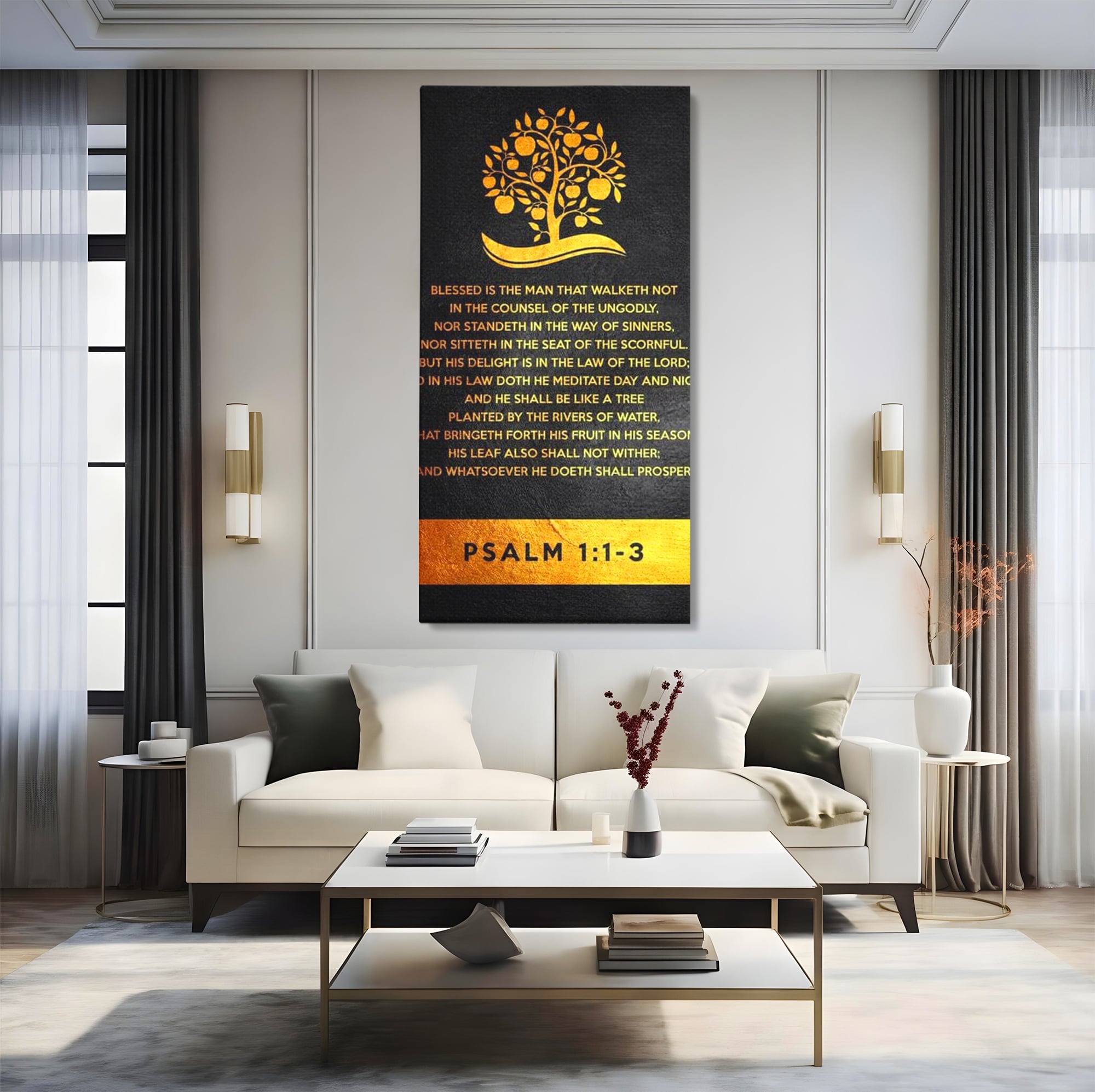 Tablou canvas cu tablou canvas cu citat biblic si copac, fara rama, pe sasiu de lemn, pe perete intr-un living