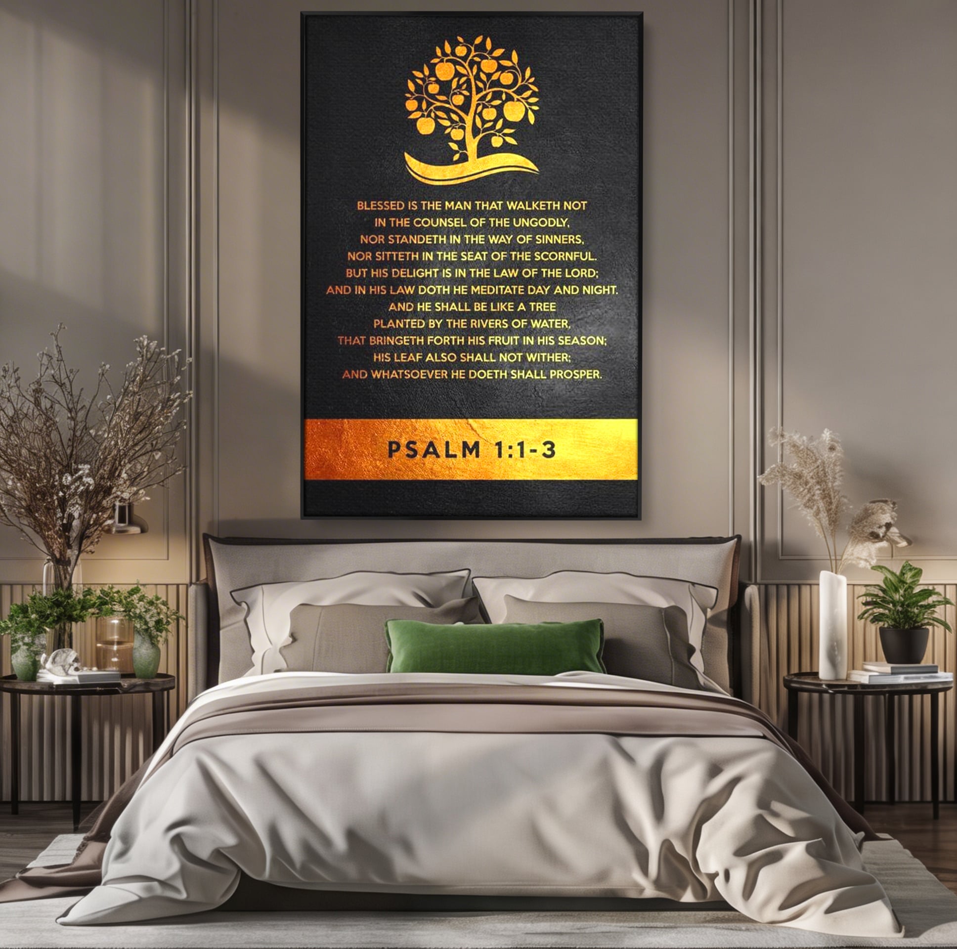 Tablou canvas cu tablou canvas cu citat biblic si copac, in rama de aluminiu negru, pe perete intr-un dormitor
