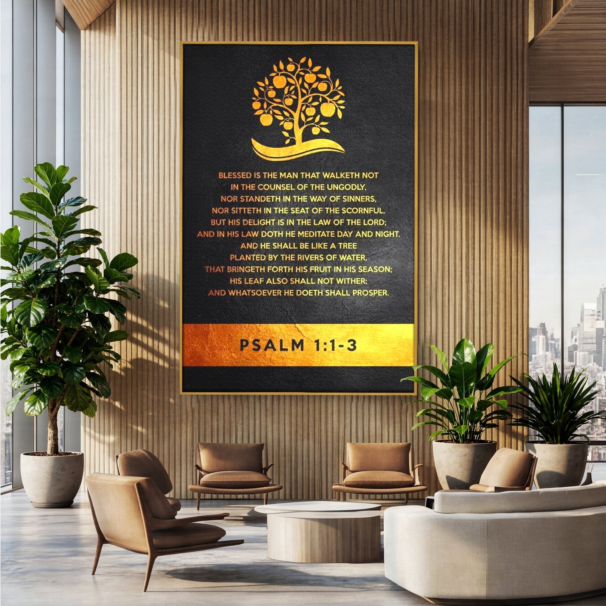 Tablou canvas cu tablou canvas cu citat biblic si copac, in rama de aluminiu auriu, pe perete intr-un birou