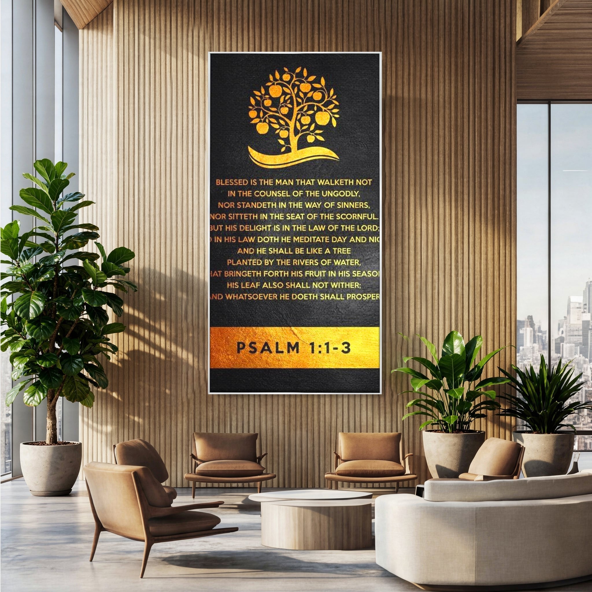 Tablou canvas cu tablou canvas cu citat biblic si copac, in rama de aluminiu argintiu, pe perete intr-un birou