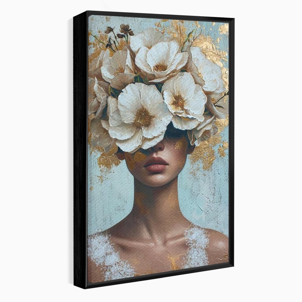 Tablou canvas cu tablou portret femeie cu flori albe, in rama de aluminiu negru