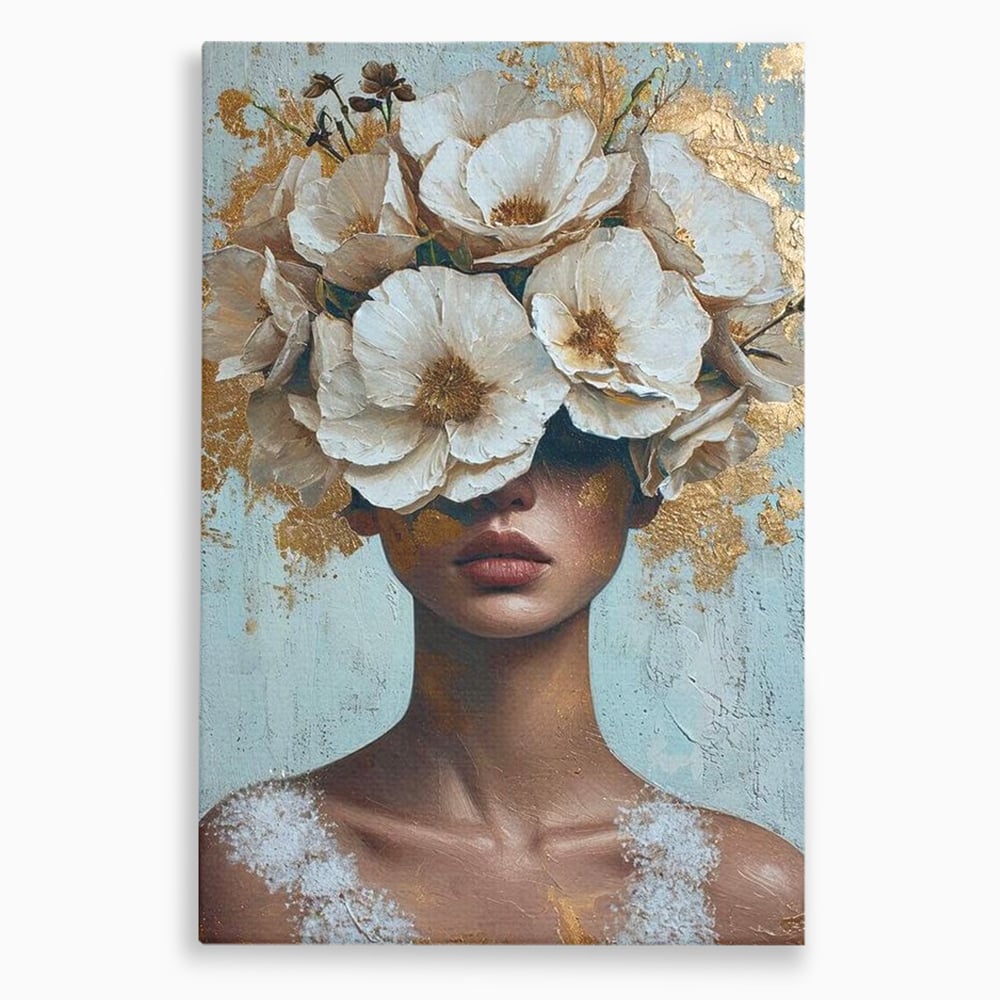 Tablou canvas cu tablou portret femeie cu flori albe, fara rama, pe sasiu de lemn