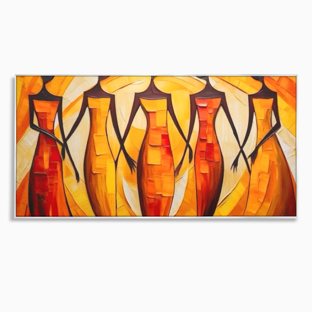 Tablou canvas cu pictura abstracta cu cinci femei stilizate, in rama de aluminiu argintiu