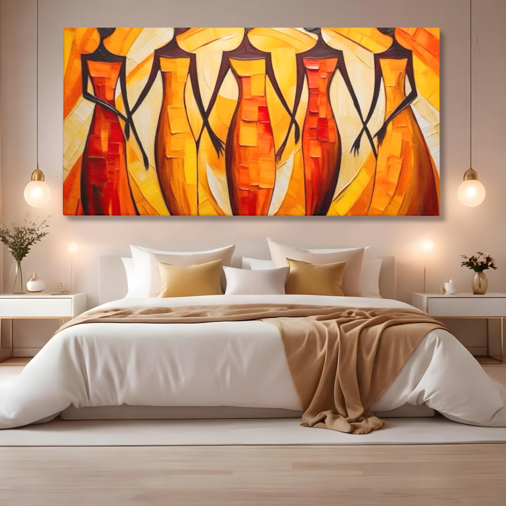 Tablou canvas cu pictura abstracta cu cinci femei stilizate, fara rama, pe sasiu de lemn, pe perete intr-un dormitor