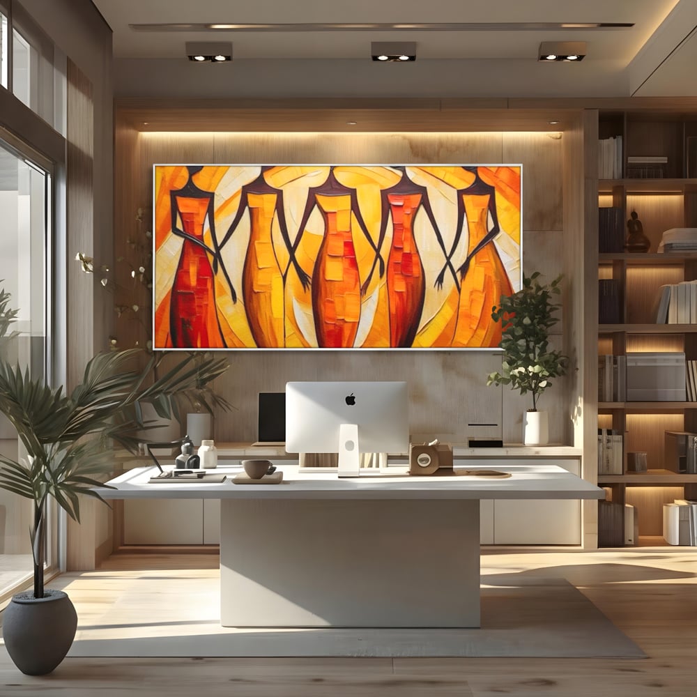 Tablou canvas cu pictura abstracta cu cinci femei stilizate, in rama de aluminiu argintiu, pe perete intr-un birou