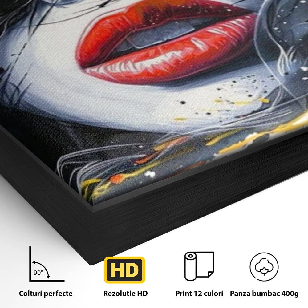 Detaliu al suprafetei: tablou canvas cu buze rosii si par abstract, in rama de aluminiu negru