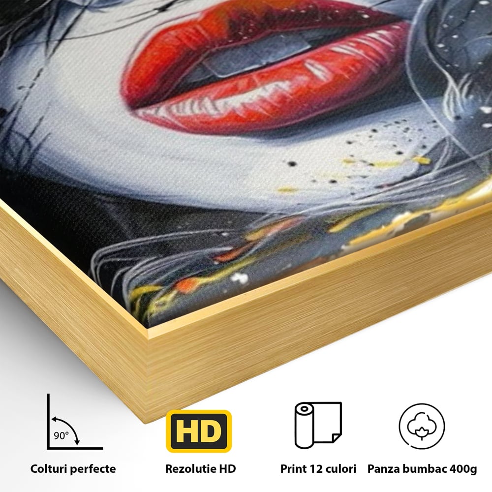 Detaliu al suprafetei: tablou canvas cu buze rosii si par abstract, in rama de aluminiu auriu