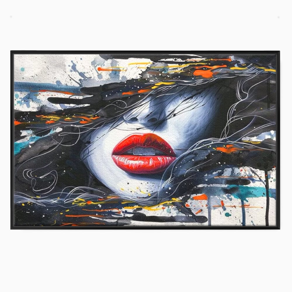 Tablou canvas cu tablou canvas cu buze rosii si par abstract, in rama de aluminiu negru
