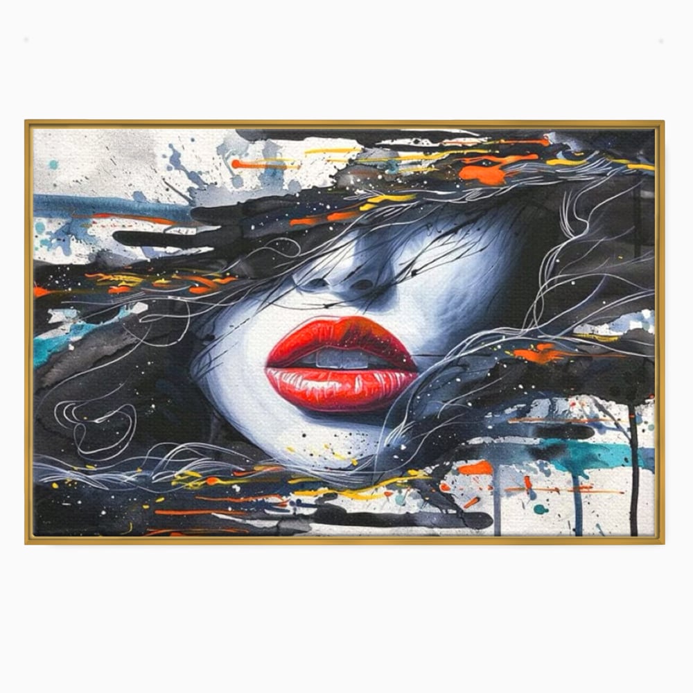 Tablou canvas cu tablou canvas cu buze rosii si par abstract, in rama de aluminiu auriu